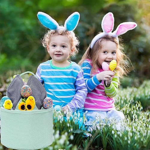 Miniatura 3 de Cesta de conejo de Pascua para huevos de Pascua, cacería de dinosaurio verde, cubos de lona de Pascua con orejas únicas para llevar huevos dulces