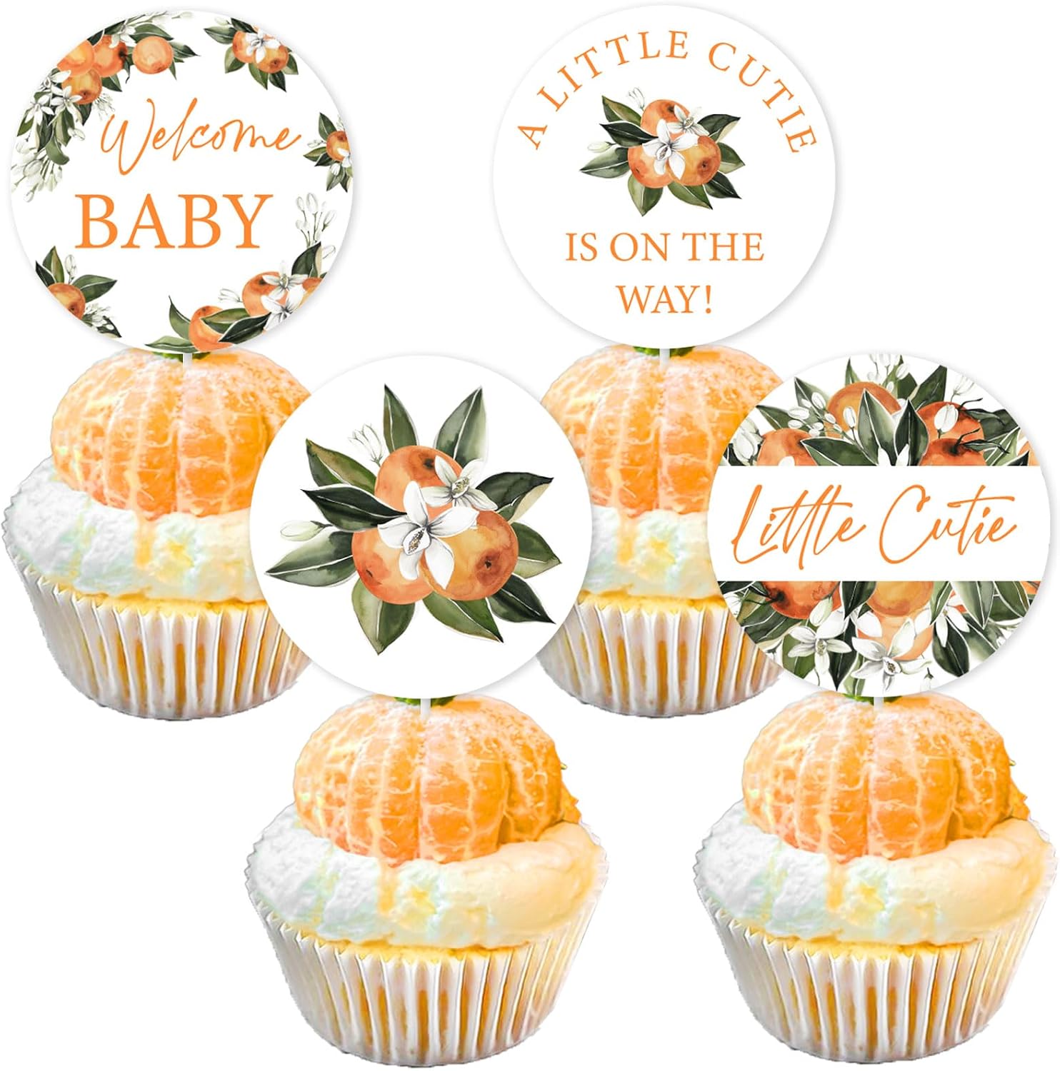 Little Cutie Cupcake Toppers 24 PCS Little Cutie Baby Shower Cake Toppers Welcome Baby Shower Decors A Little Cutie is On The Way Citrus Theme Clementine Themed Party Baby Shower Supplies