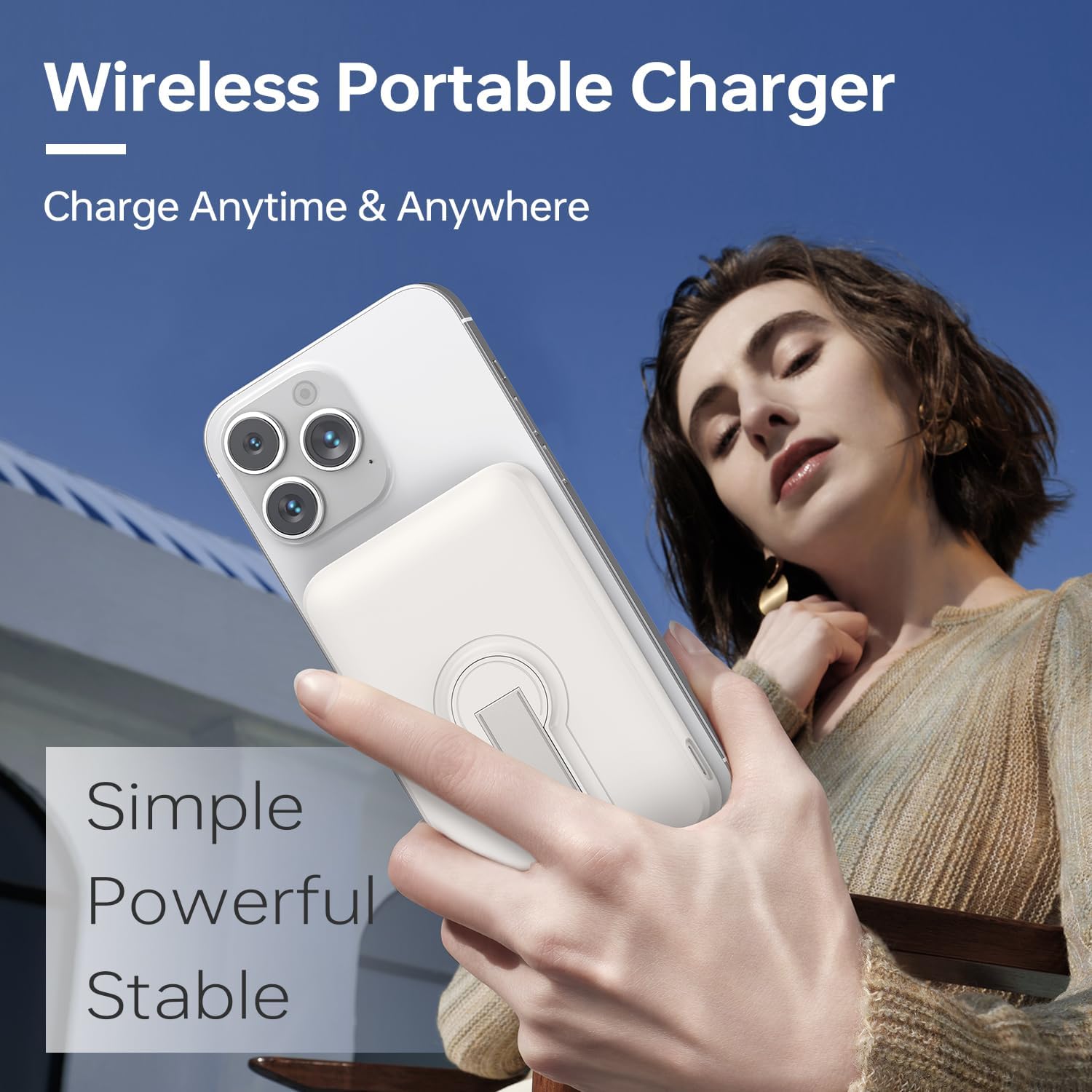 Chargeur Portable, 12000mAh Wireless Magnetic Power Bank avec Support et USB C in/Out Charge Rapide, Battery Pack Compatible avec iPhone 15/14/13/12 Pro/Pro Max Serie-Blanc