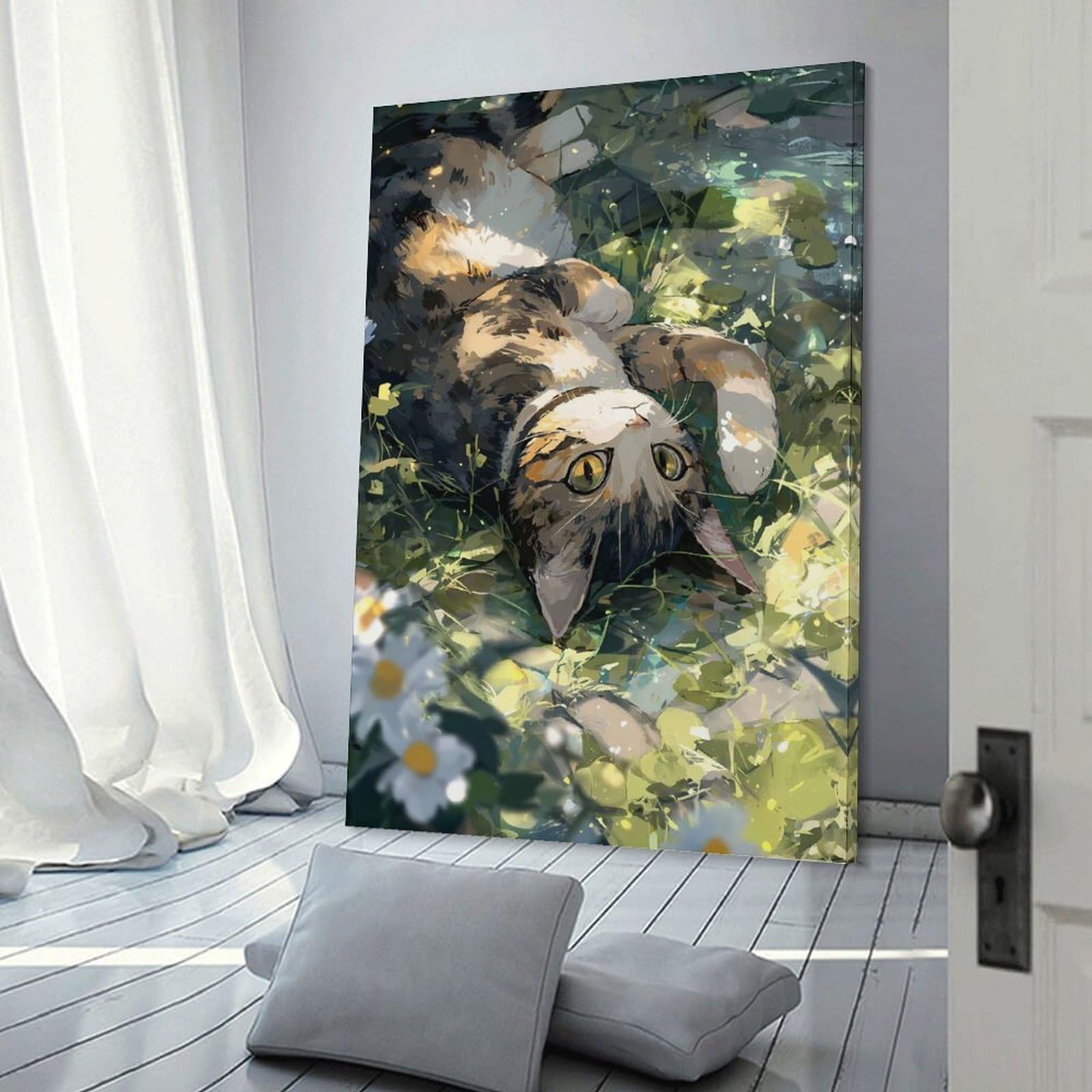 Junmoney Wall Art Print Calico Cat Lounging in Flowers, 20x30inch(50x75cm), for Study, Office Or Focused Interiors, Decorative Artwork for Productive Spaces
