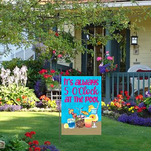 Miniatura 8 de Bandera de jardín de piscina de verano de 12 x 18 pulgadas, doble cara con texto en inglés "It's Always 5 O'clock at The Pool", banderas decorativas