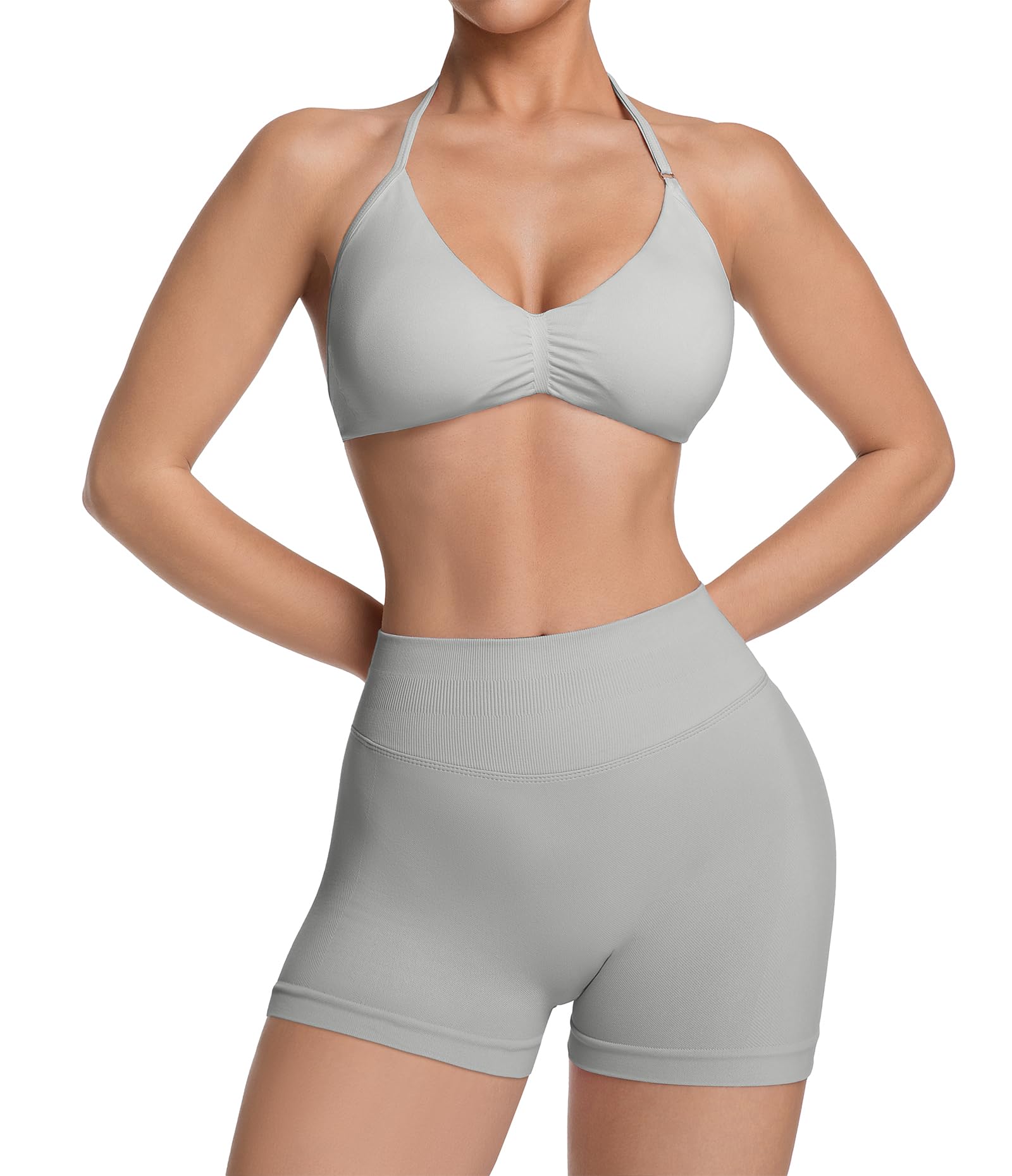 Photo 1 of Comper 2 Piece Workout Sets for Women Halter Strappy Sports Bra with Seamless Ribbed Gym Yoga shorts Outfits