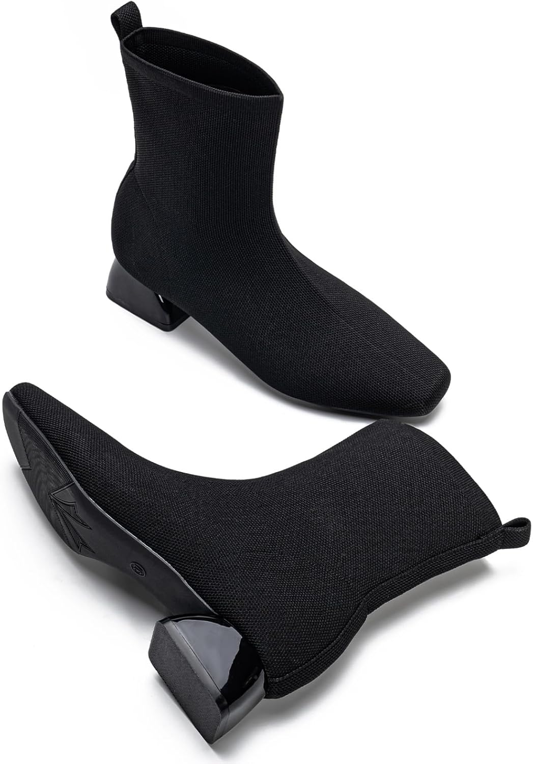 Buyrew Ankle Boots for Women Low Heel Booties Square Toe Sock Knit Chunky Winter Slip On Shoes - Image 5