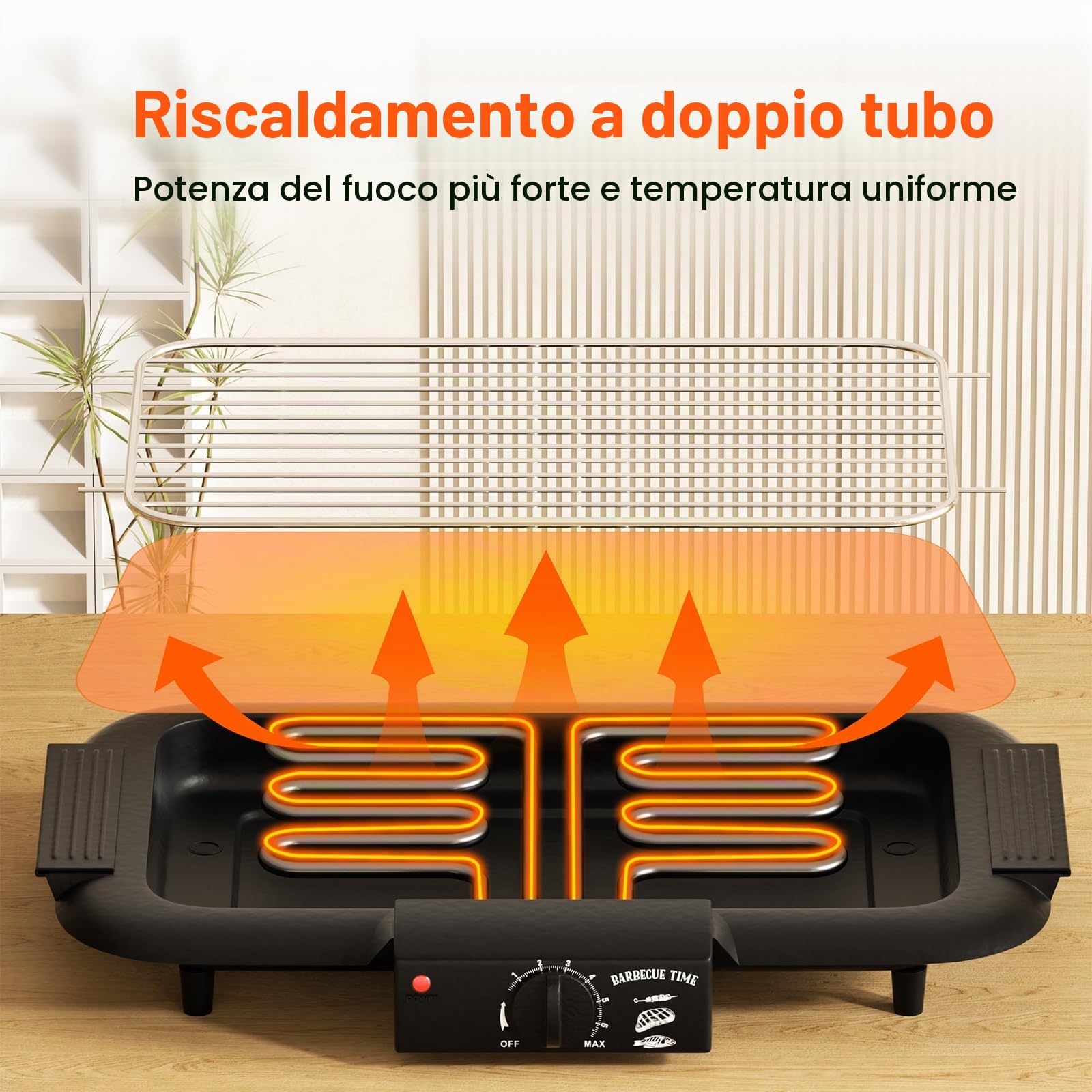 Barbecue elettrico per interni ed esterni antiaderente senza fumo, doppio tubo 2000 W, portatile, ad alta potenza, rimovibile, per barbecue (nero)