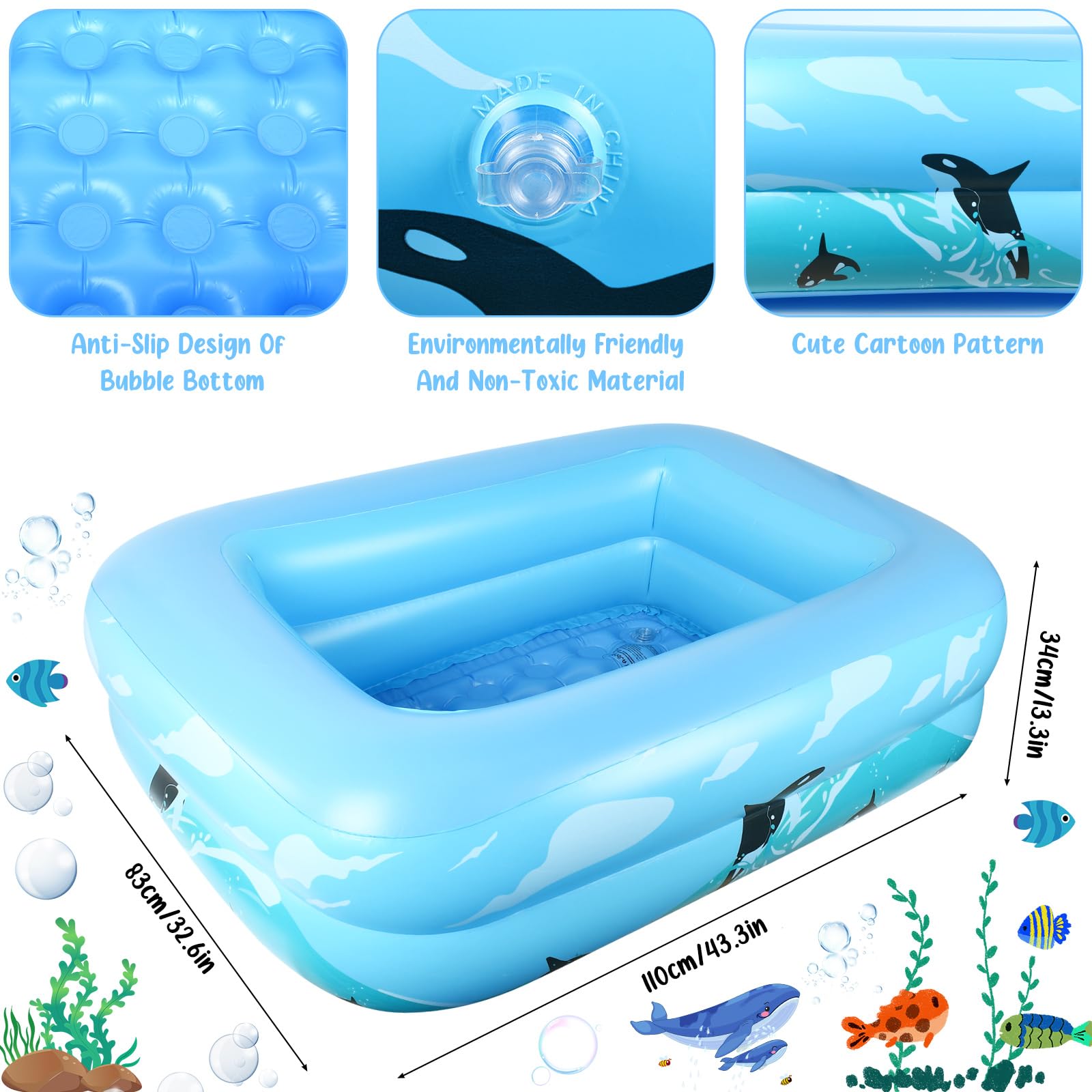 Piscina gonfiabile per bambino, famiglia, giardino, cortile, gioco d'acqua, 110 x 83 x 34 cm