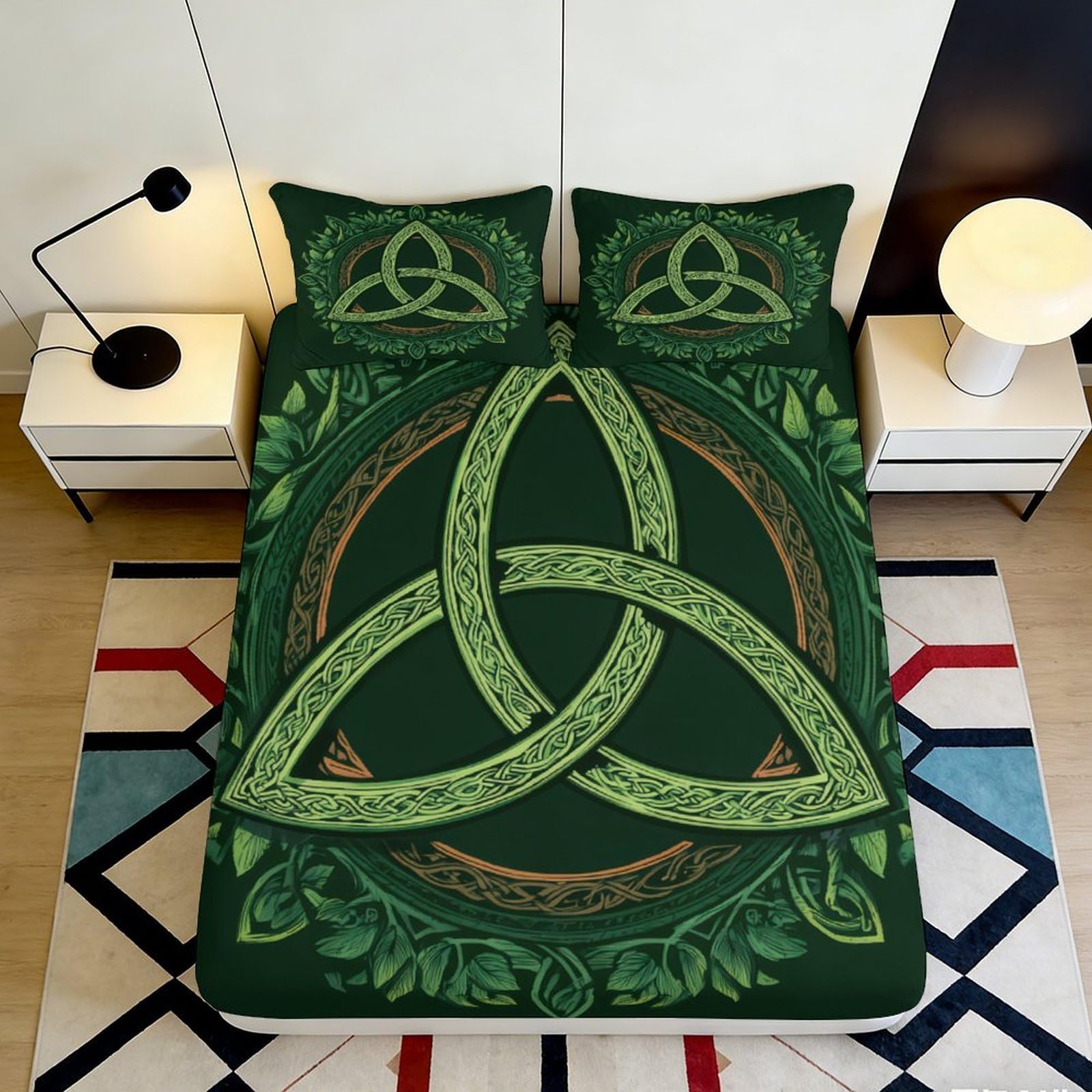 3D Printed Celtic Knot Fitted Sheet Microfiber Soft Breathable Green Triquetra Bed Cover for Bedroom Dormitory Guest Room Mattress Protection Decor 180x200x25cm