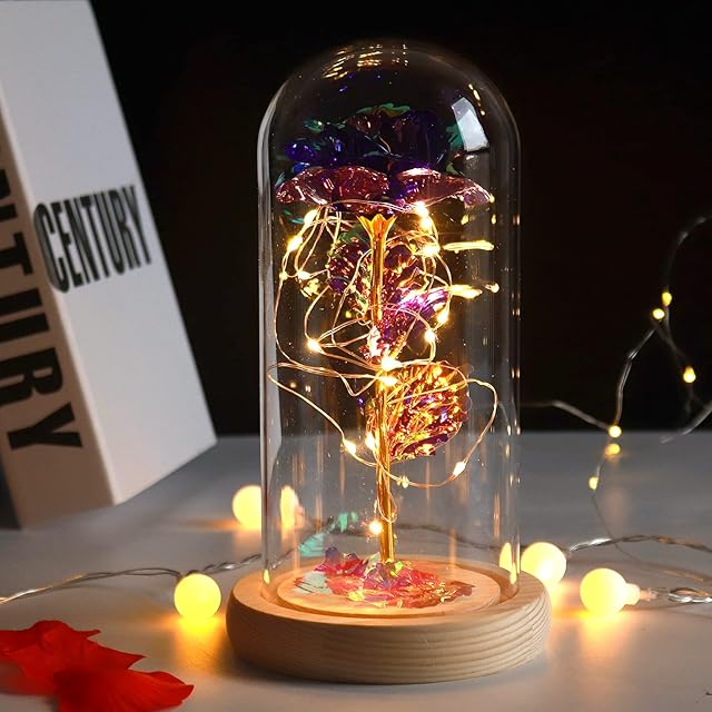 RECUTMS Beauty and The Beast Rose Kit, Purple Gold Foil Rose Lasts Forever in a Glass Dome with Led Lights,Christmas New Year Valentine's Day Birthday Party Wedding Home Office Decorations