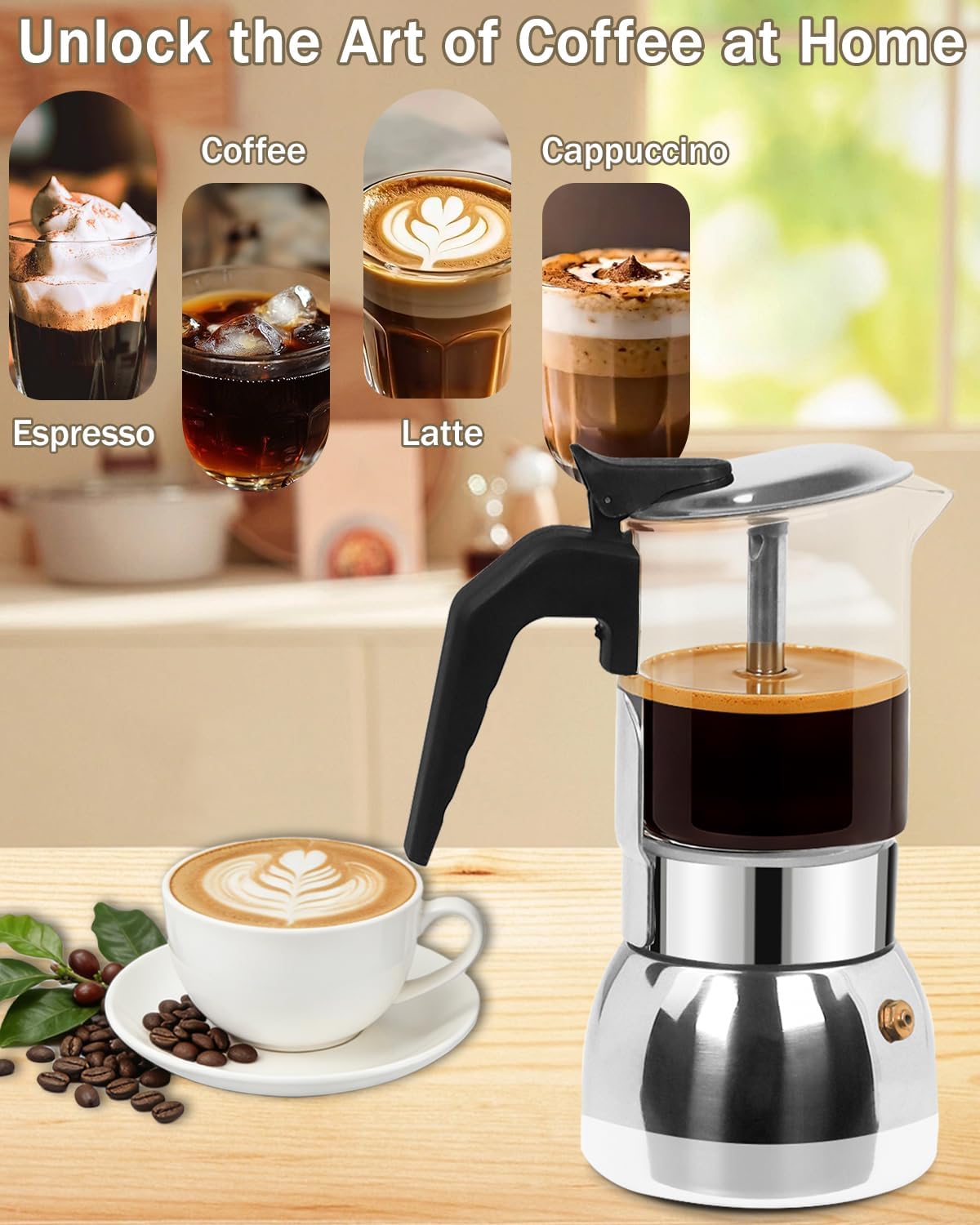 Coffee Maker Stovetop Espresso Maker Pot Easy Brewing 6 Cup 10oz 300ml High Borosilicate Glass Stainless Steel Silver Percolator for Home Italian Cafe Camping Classic Espresso Brew