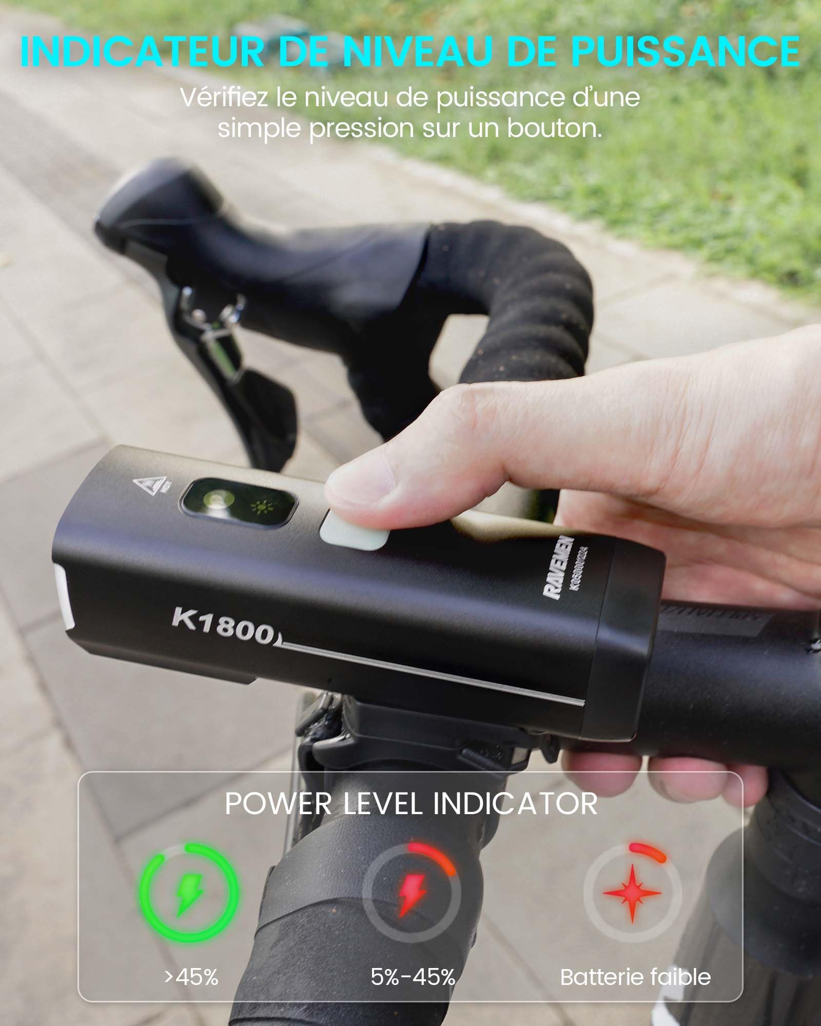 RAVEMEN 1800 Lumens Intelligente Phare Avant pour Vélo, K1800 Mode de Conduite Intelligent de Nuit et de Jour, Chargement et Déchargement USB-C IPX7