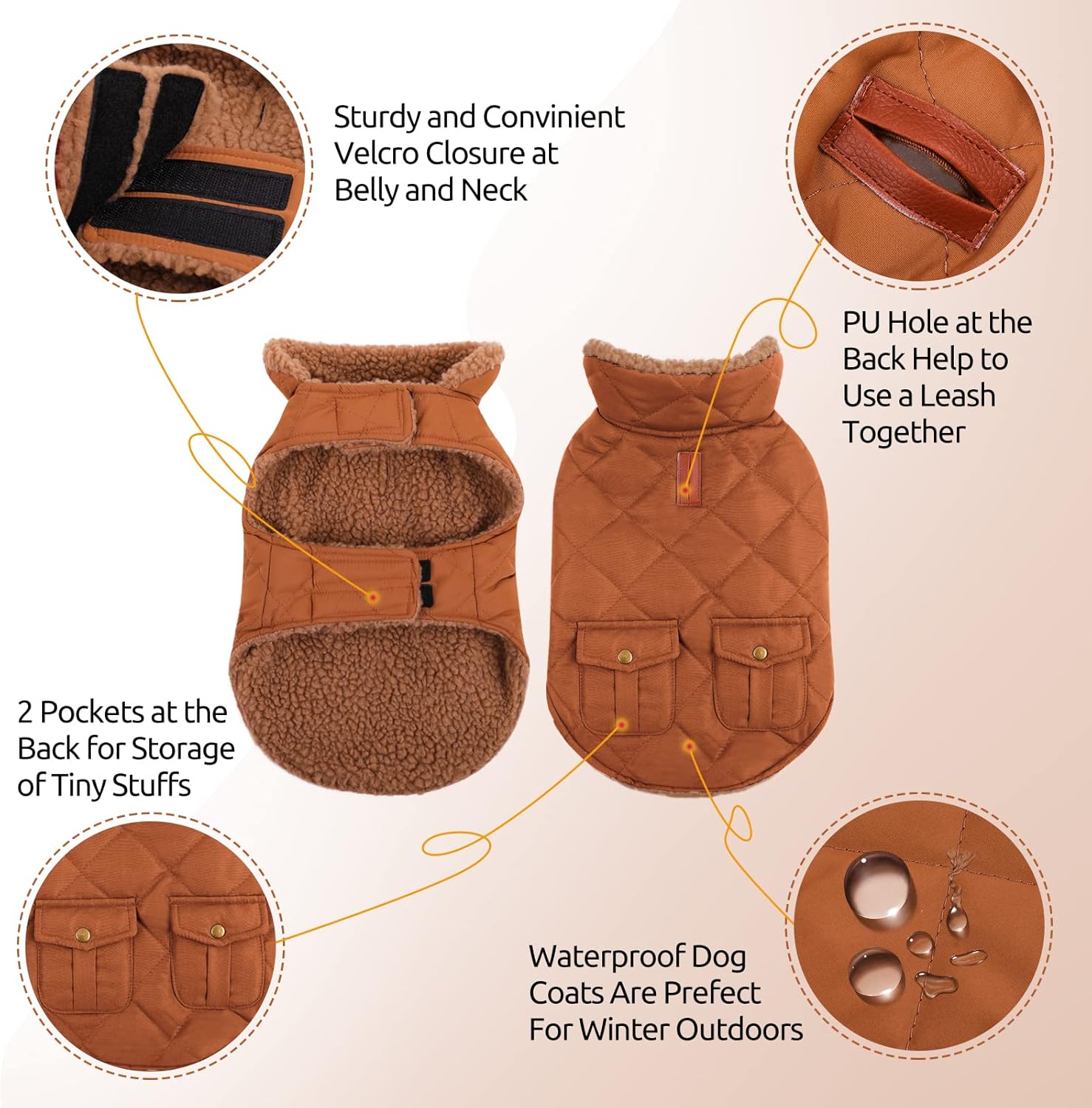 Queenmore Warm Dog Coat, Cold Weather Puffer Dog Jacket with Ultra Thick Plush Lining and Storage Pockets (Brown, Medium) - Image 4