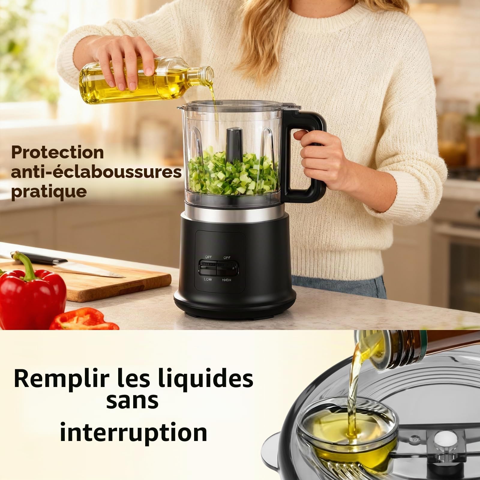 Hachoir électrique | Hachoir électrique 400 W à 2 vitesses | 4 lames en acier inoxydable à deux niveaux et fouet | Récipient amovible de 0,95 L pour hacher, mélanger et émulsionner