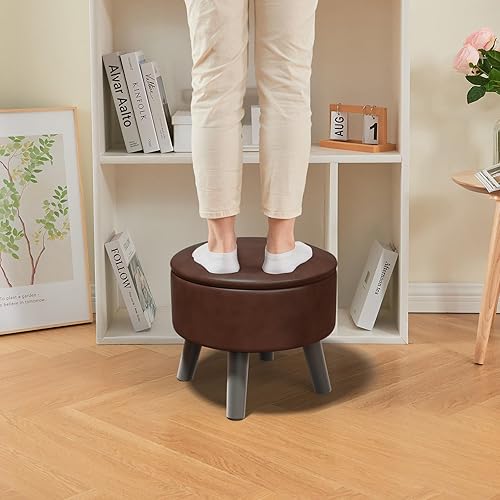 Miniatura 7 de Taburete otomano pequeño con almacenamiento, reposapiés otomano de piel sintética para sofá, reposapiés redondo para sala de estar (marrón) Marrón