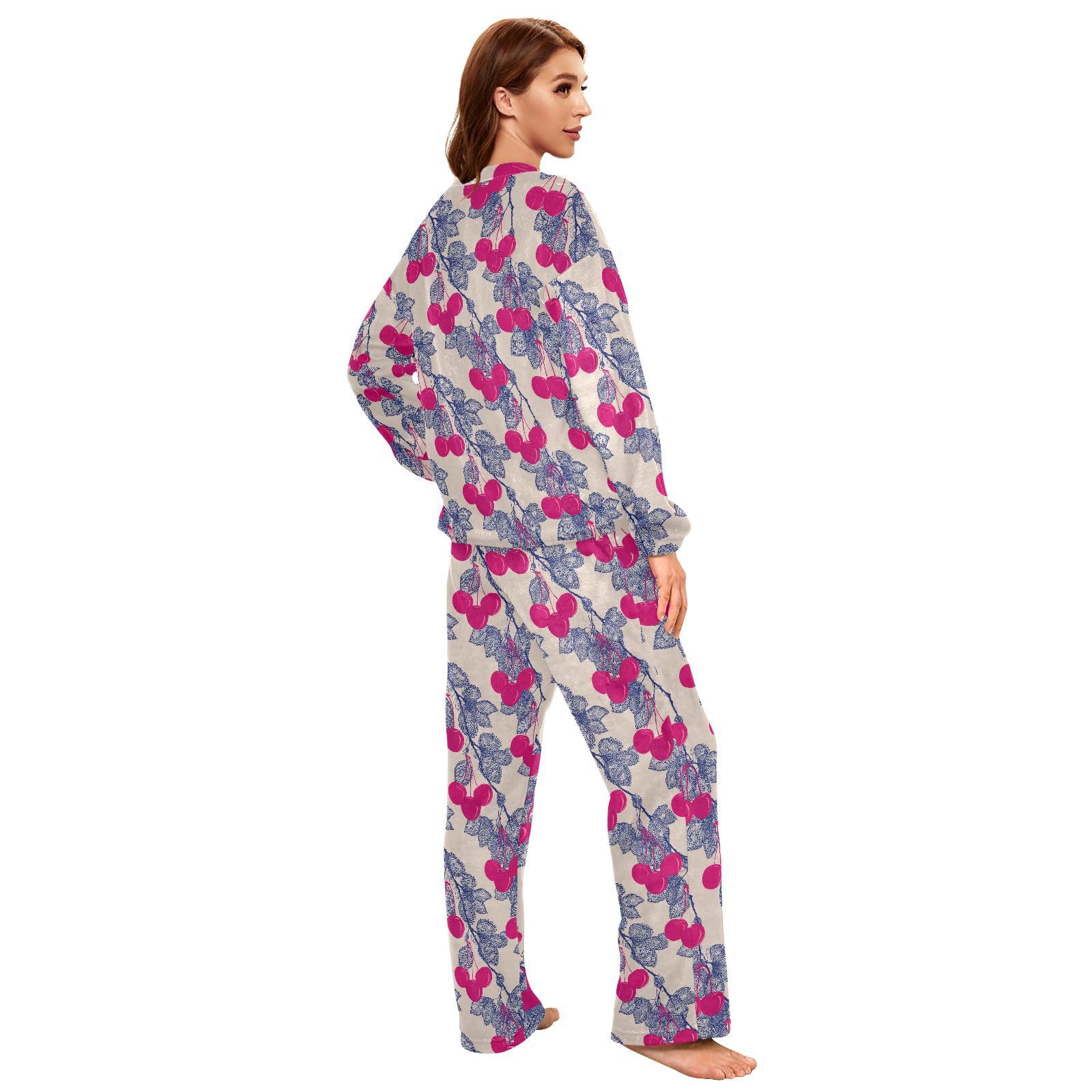 Pigiama casual in pile per le donne retrò viola ciliegia blu foglie manica lunga girocollo indumenti da notte abbigliamento