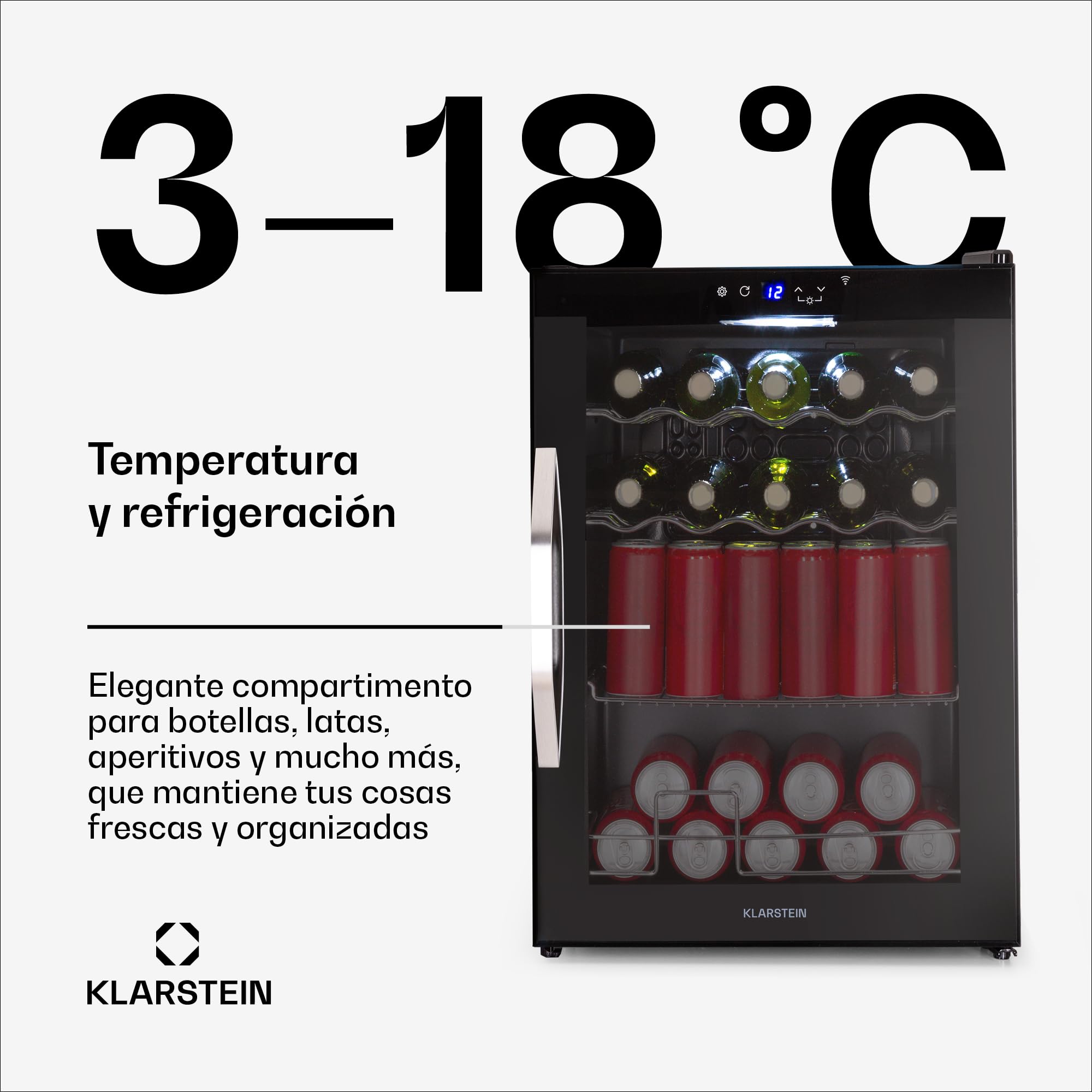 KLARSTEIN Coachella 60 Nevera para Bebidas - 60L Frigorífico para Bebidas con Wifi, Puerta de Cristal, Iluminación Led, 3-18°C, 3 Estantes Metálicos, 7 Colores, Negra