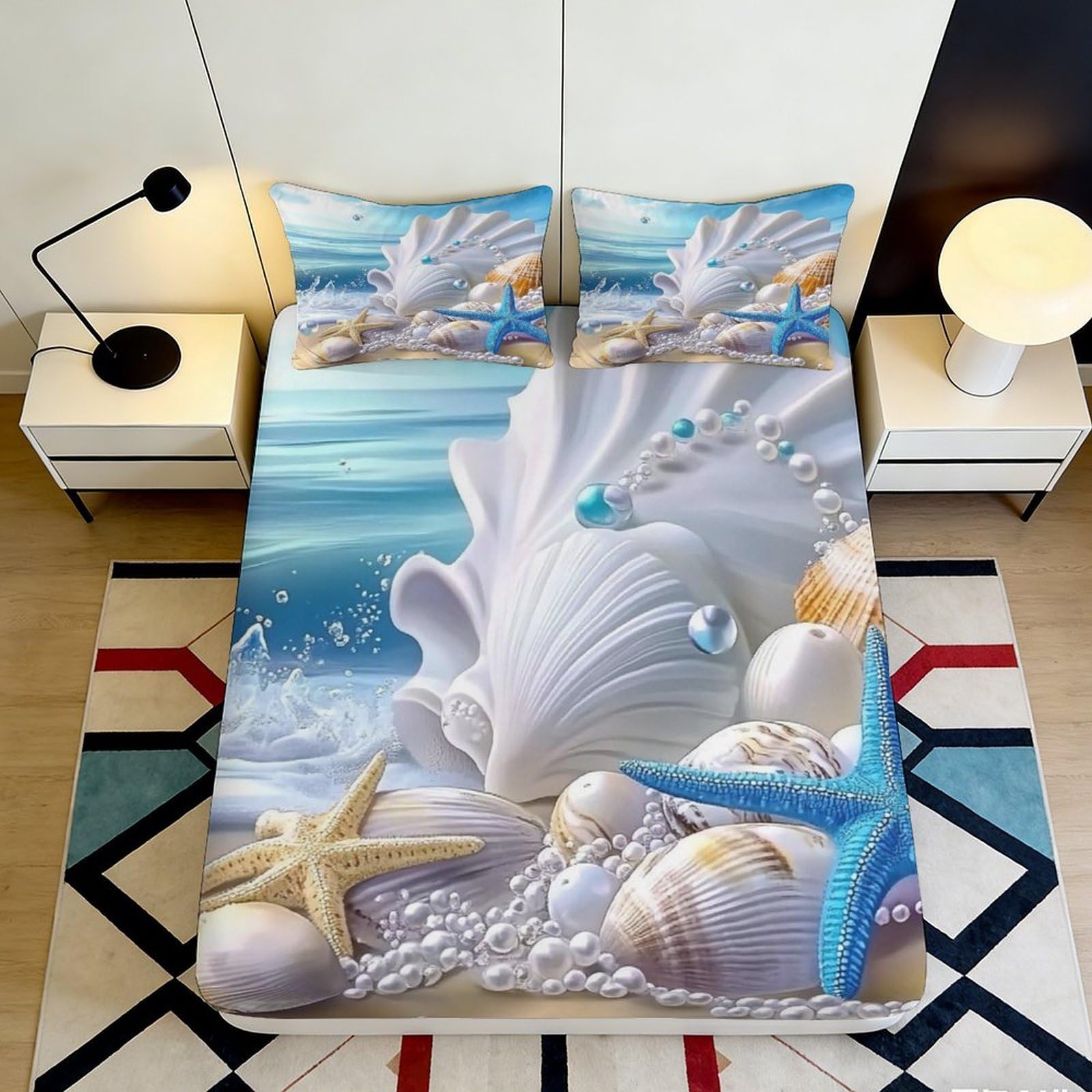 3D Printed Ocean Shells Fitted Sheet Microfiber Starfish Sea Blue Mattress Cover for Bedroom Guest Room Decor 90x200x25cm