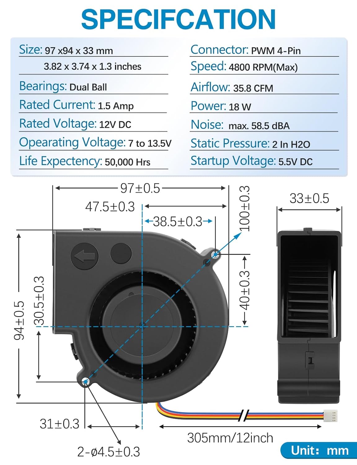 Detailed technical specifications and dimensional drawing of the Wathai 9733 Blower Fan, showing its size, connector, bearings, voltage, power, airflow, noise, and lifespan.