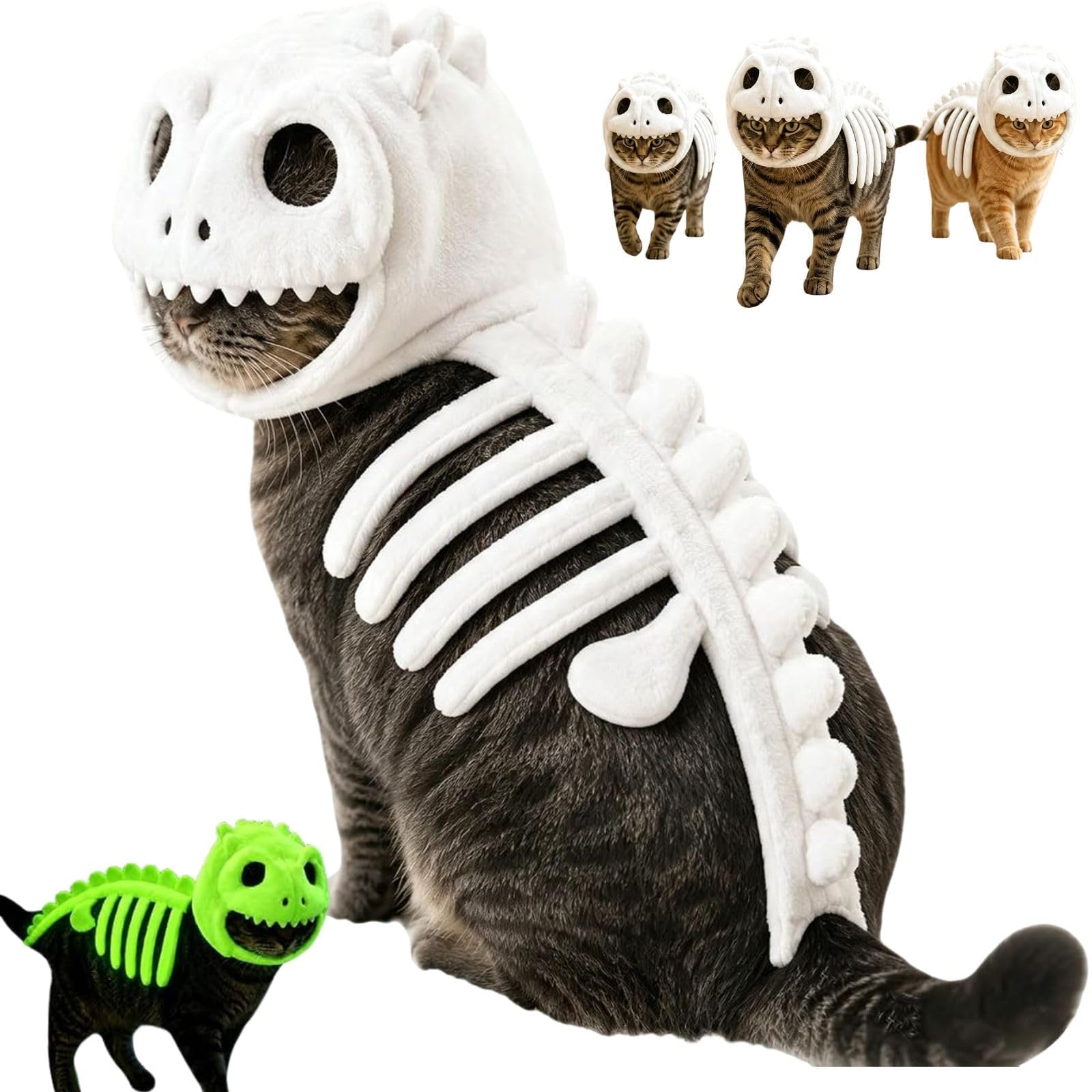 Cat Costume for Cats, Glow in The Dark Dinosaur Skeleton Pet Costume, Halloween Cat Outfit with Plush Hood, Funny Animal Costume for Cats, Pet Party Photo Prop (M)