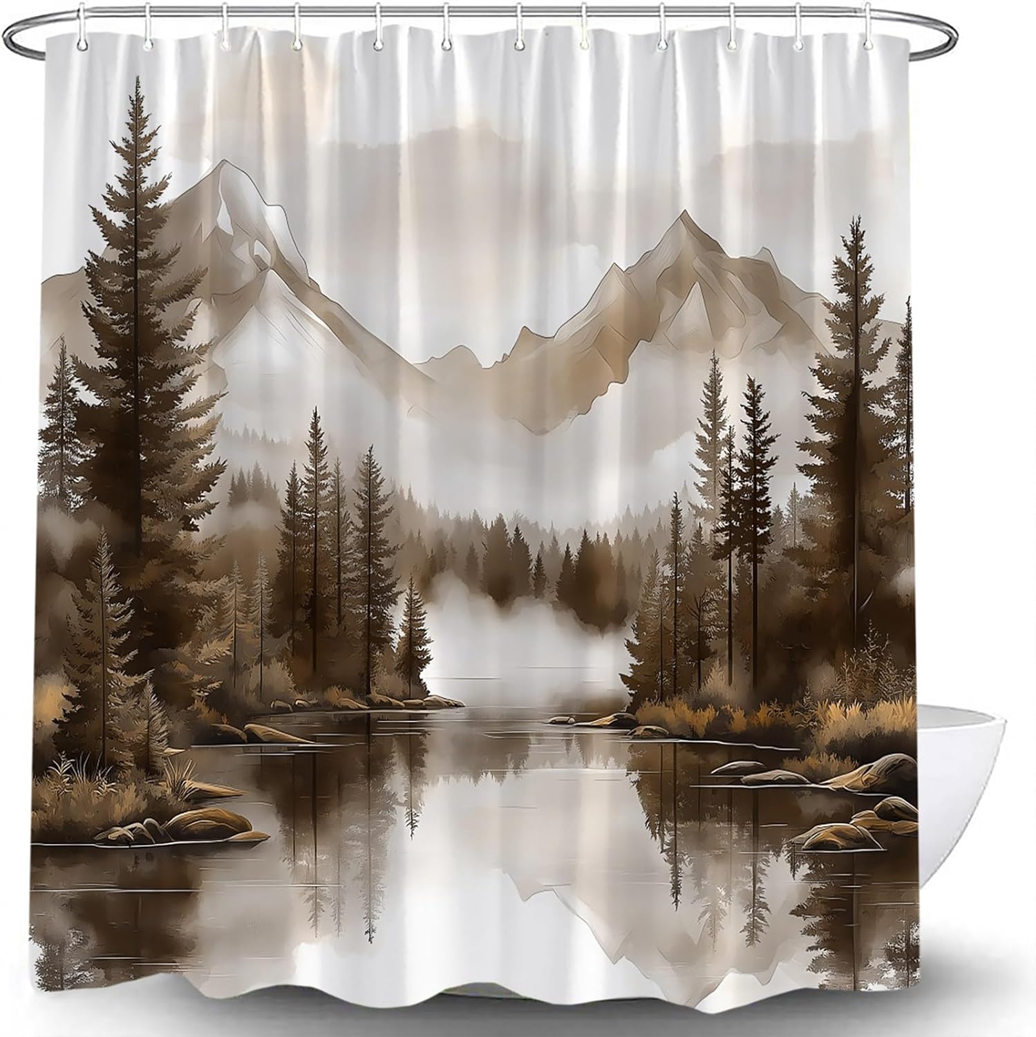 Brown Misty Forest Shower Curtain Mountain Foggy Pine Trees Landscape Watercolor Jungle Plant Rustic Nature Scenery Lake Fabric Bathroom Curtain Set with Hook