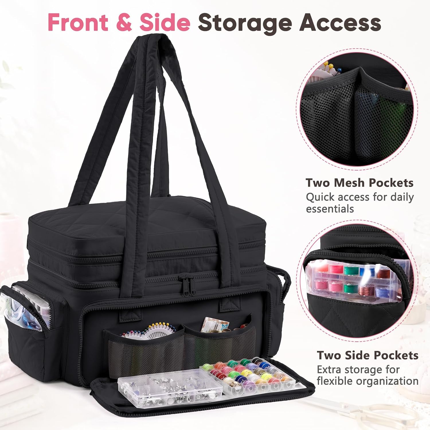 AMOIGEE Puffy Double-Layer Sewing Storage Bag with 2 Clear Organizer Boxes
