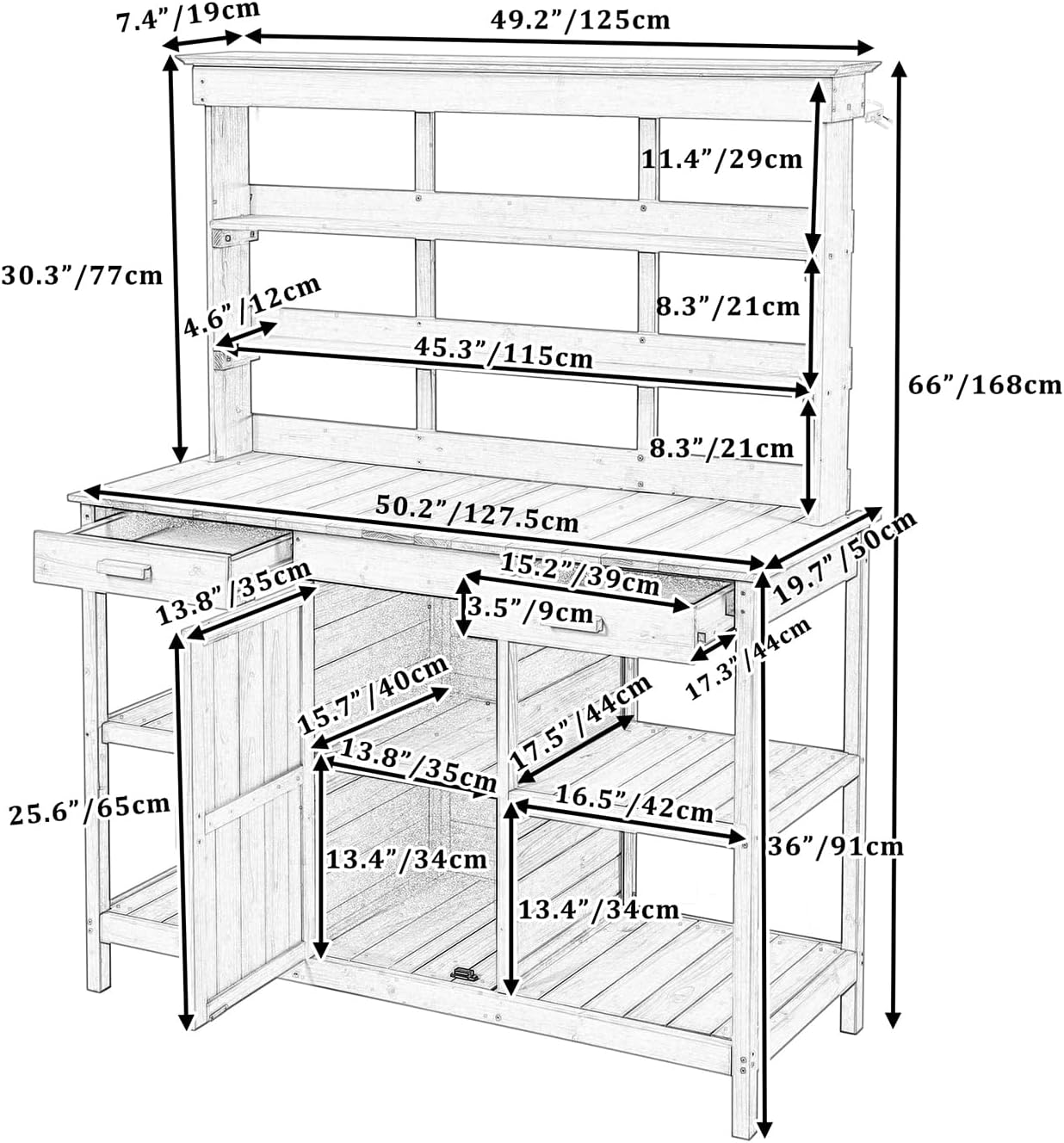 66" Large Wooden Farmhouse Rustic Outdoor Potting Bench Table, Fir Wood Garden Workstation with 4-Tier Storage, 2 Drawers & Cabinet, Potting Table with Anti-Falling Nails for Outdoor Plants Soil Tools