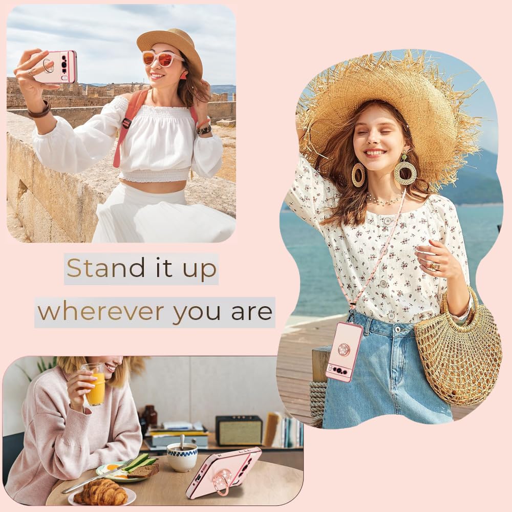 Custodia Collana per Cellulare Compatibile con Google Pixel 8 Pro - Cover Silicone TPU Protettiva Trasparente - Custodia indossabile per Collo - Case a Tracolla con Cordina, Rosa