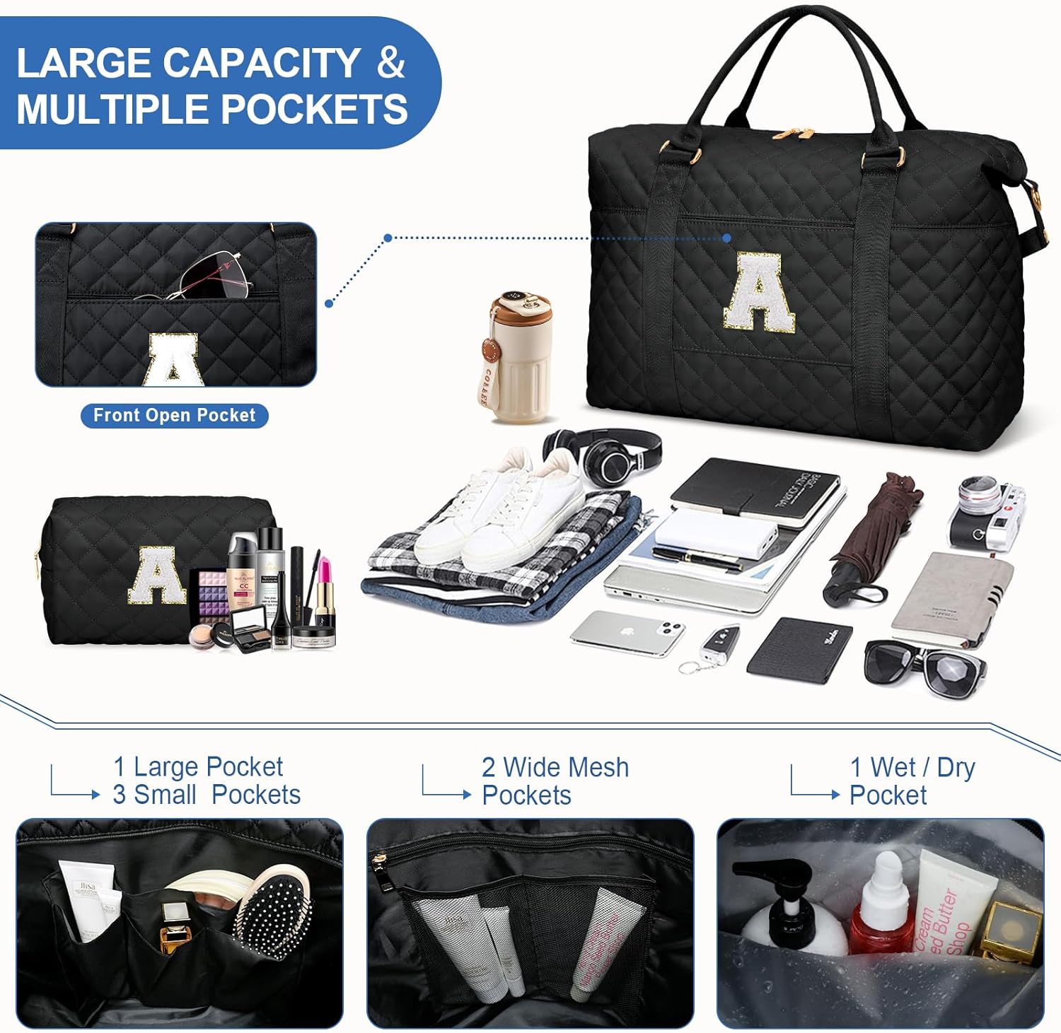 Valentines Gifts for Women, Initial Travel Duffle Bag, Personalized Weekender Overnight Bags, Monogram Sport Gym Carry On Bags with Wet Pocket（Black,A) - Image 6