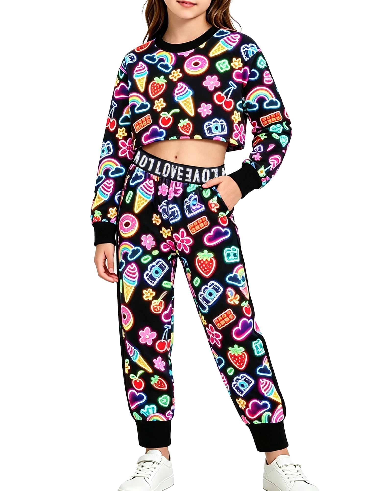 Betusline Girls Sweatsuit, Long Sleeve Crop Top Jogger Pants, 4T-14Y