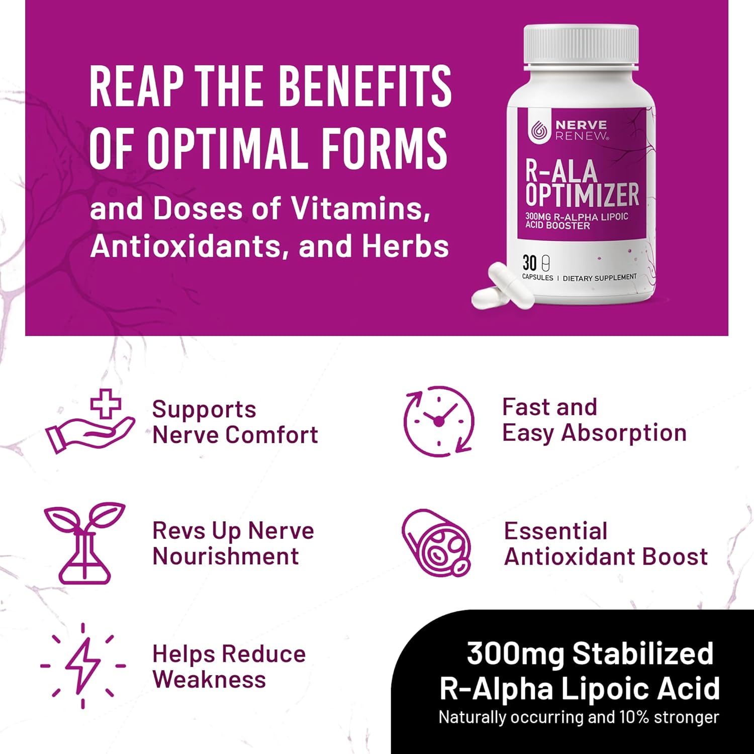 NERVE RENEW Optimizer - Nerve Support Supplement - 30 Capsules - 300 mg Stabilized R-Alpha Lipoic Acid per Capsule - Fast Absorption - Safe and All Natural