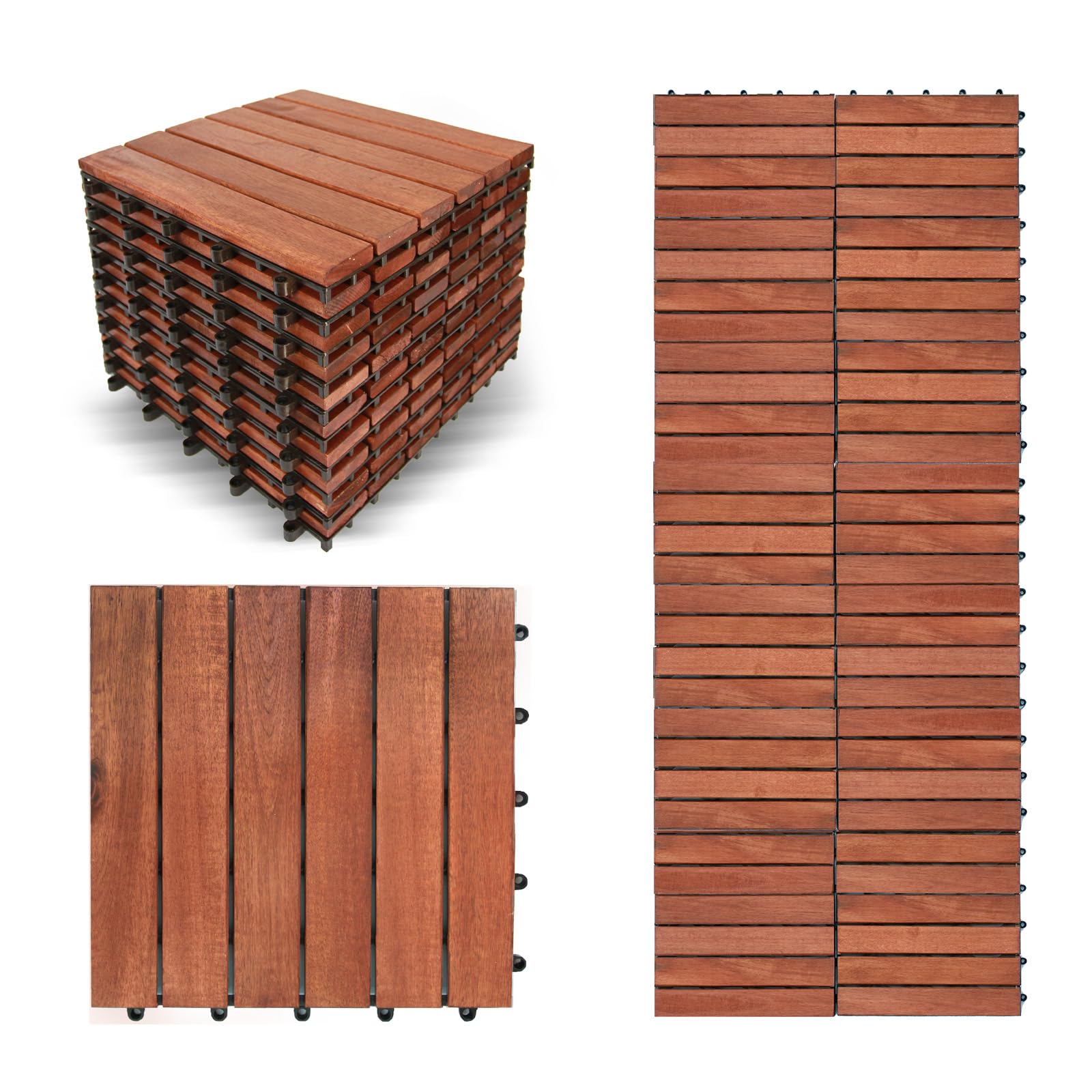 Interlocking Deck Tiles-10pcs Waterproof Acacia Wood Patio Tiles, Easy Snap Flooring Tiles for Indoor and Outdoor, Balcony, Entry, Poolside Tiles, 12”x12 Inches. Stripe Pattern, 6 Slats (Teak)