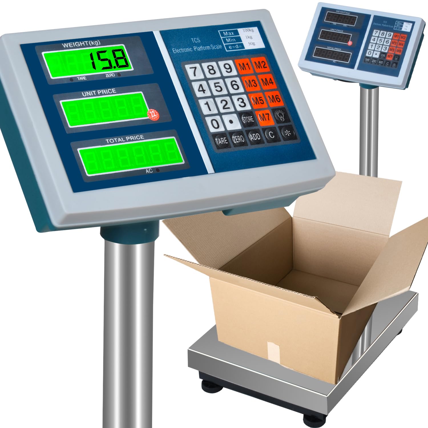 Báscula digital electrónica de plataforma, 100 kg 50 g, pantalla LED, giratoria 360 grados, ajustable, funcionamiento a pilas, red de energía, función tara, 23536