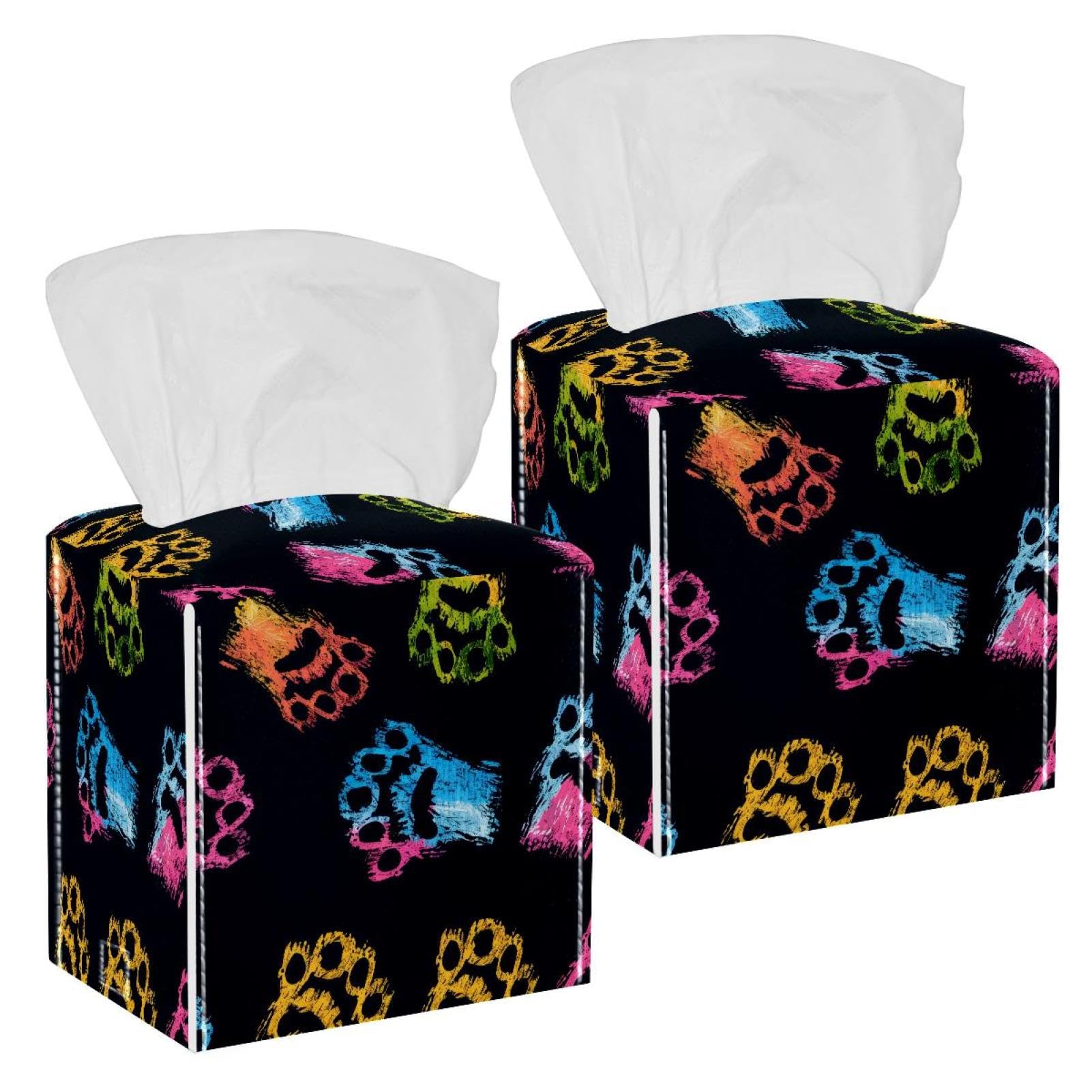Dog Paws Tissue Box Cover, 2 Pack PU Leather Square Facial Tissue Dispenser Box holder for Home Office Car