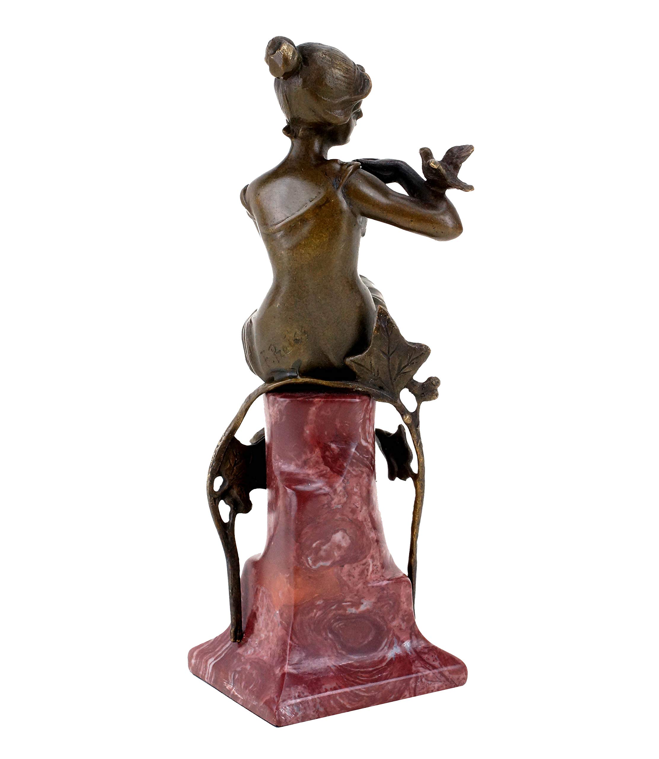 Kunst & Ambiente - Jugendstil Figur aus Bronze - Frau mit Taube - signiert Ferdinand Preiss - roter Marmorsockel - Skulpturen Online kaufen - Wohndeko für Innen und Außen