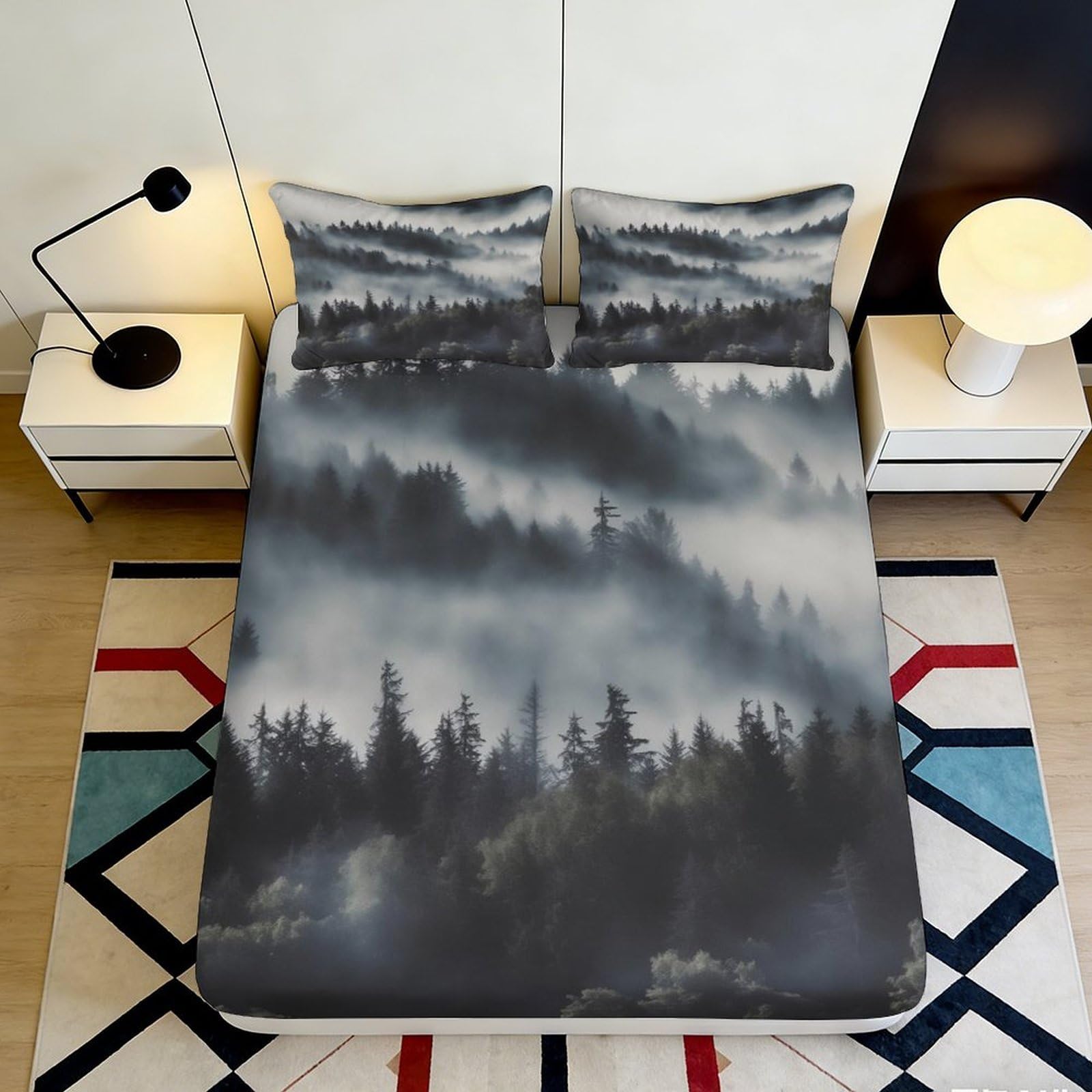 3D Printed Misty Forest Fitted Sheet Microfiber Soft Breathable Mountain Landscape Bed Cover for Bedroom Decor 90x200x25cm