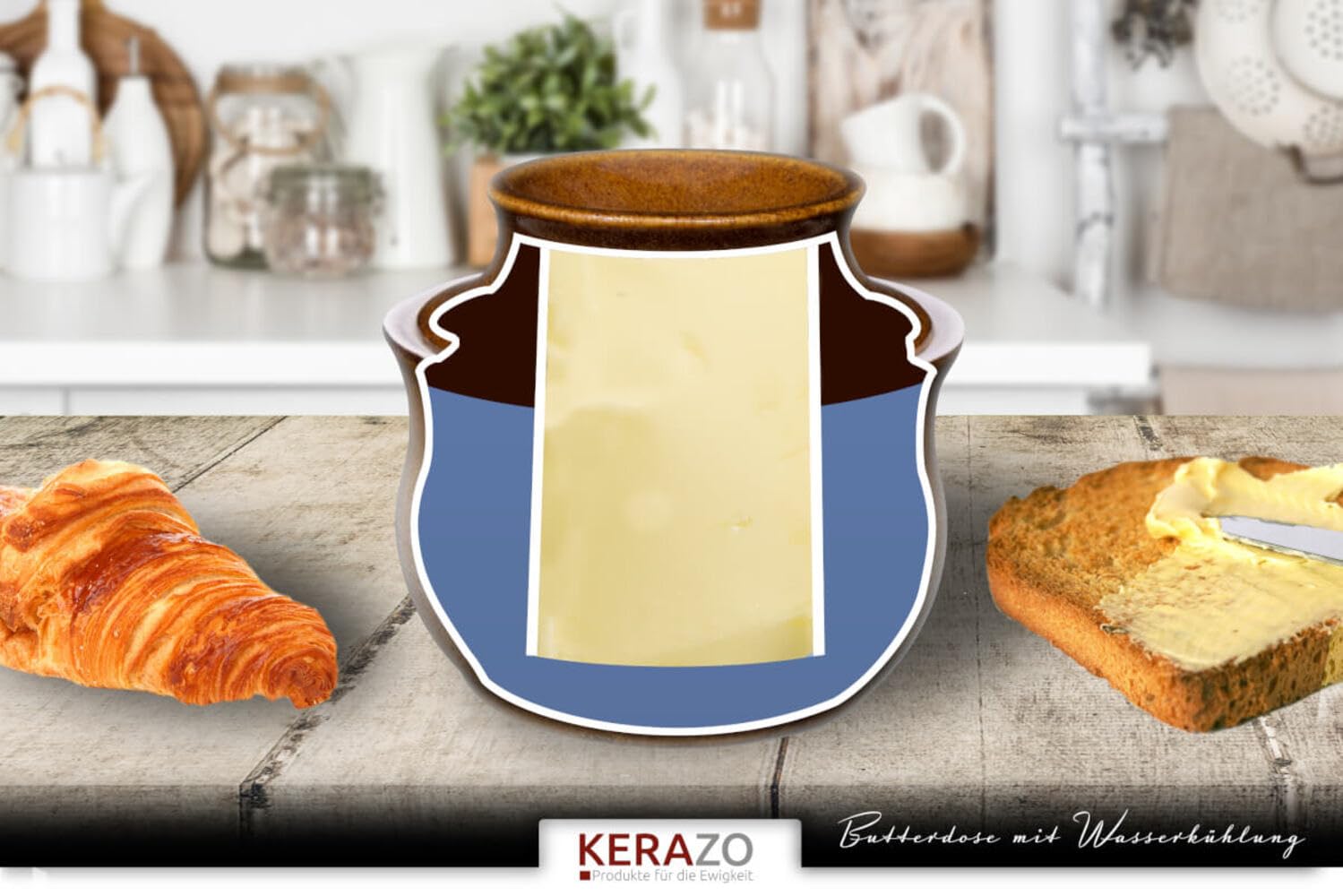 Beurrier en céramique avec refroidissement à eau pour 1 morceau de beurre (250 g) – Stockage sans refroidissement toujours beurre tartinable (bleu, 250 g)