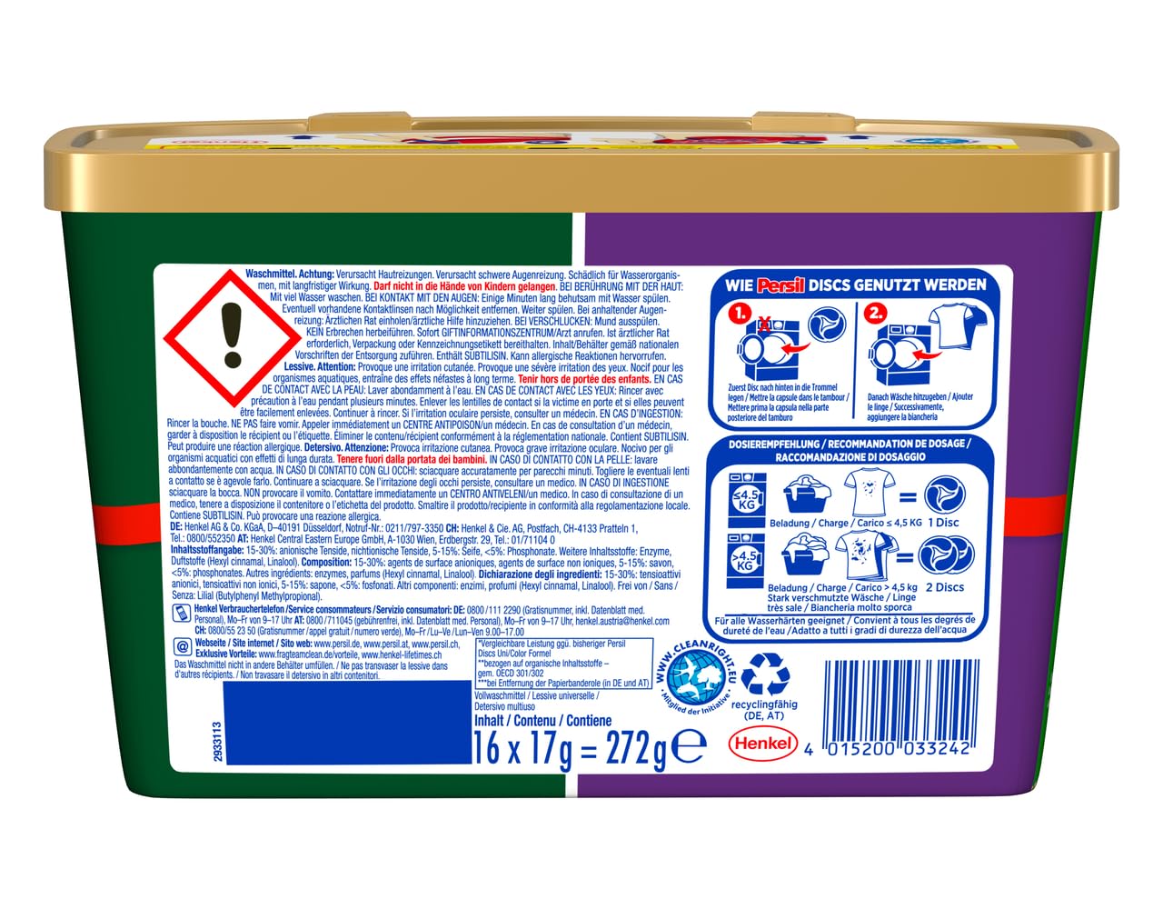 Persil 4in1 Color DISCS (8 x 16 Waschladungen), Waschmittel mit Tiefenrein Technologie, Colorwaschmittel für reine Wäsche und hygienische Frische für die Maschine