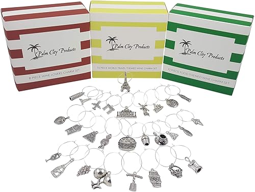 Palm City Products Around the World - Juego de dijes de vino con temática de comida, vino y viajes, juego de 28 piezas, Zinc, No es una piedra