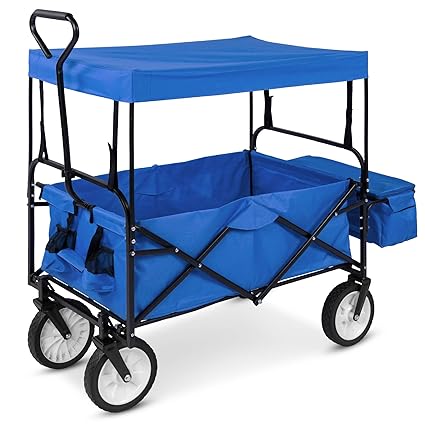 Best Choice Products Folding Utility Cargo Wagon Cart w/Removable Canopy, Cup Holders - Blue