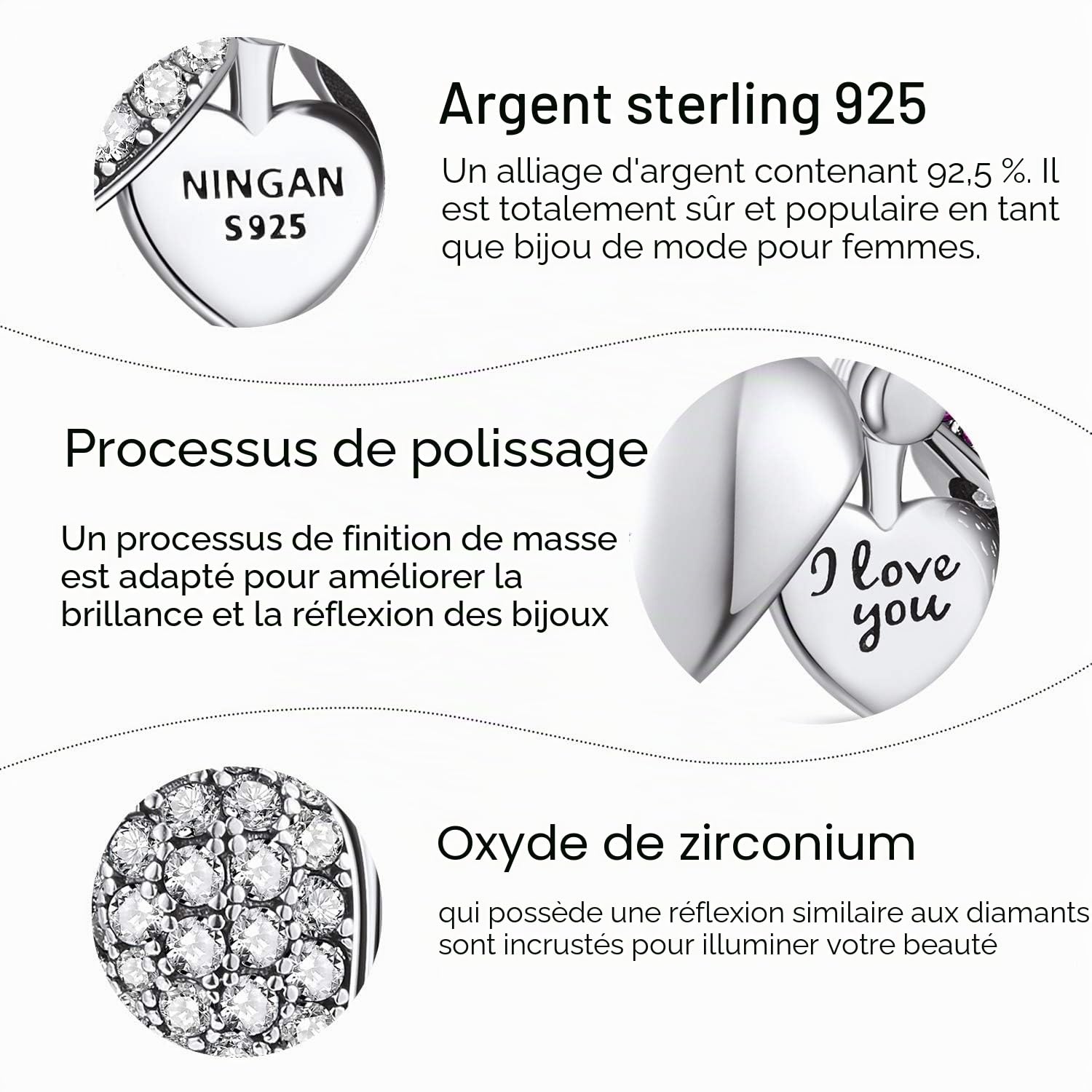 NINGAN “I Love You” Amour Cœur Perles Charms Argent Sterling 925 Breloque Bead Compatible pour Européen Bracelets