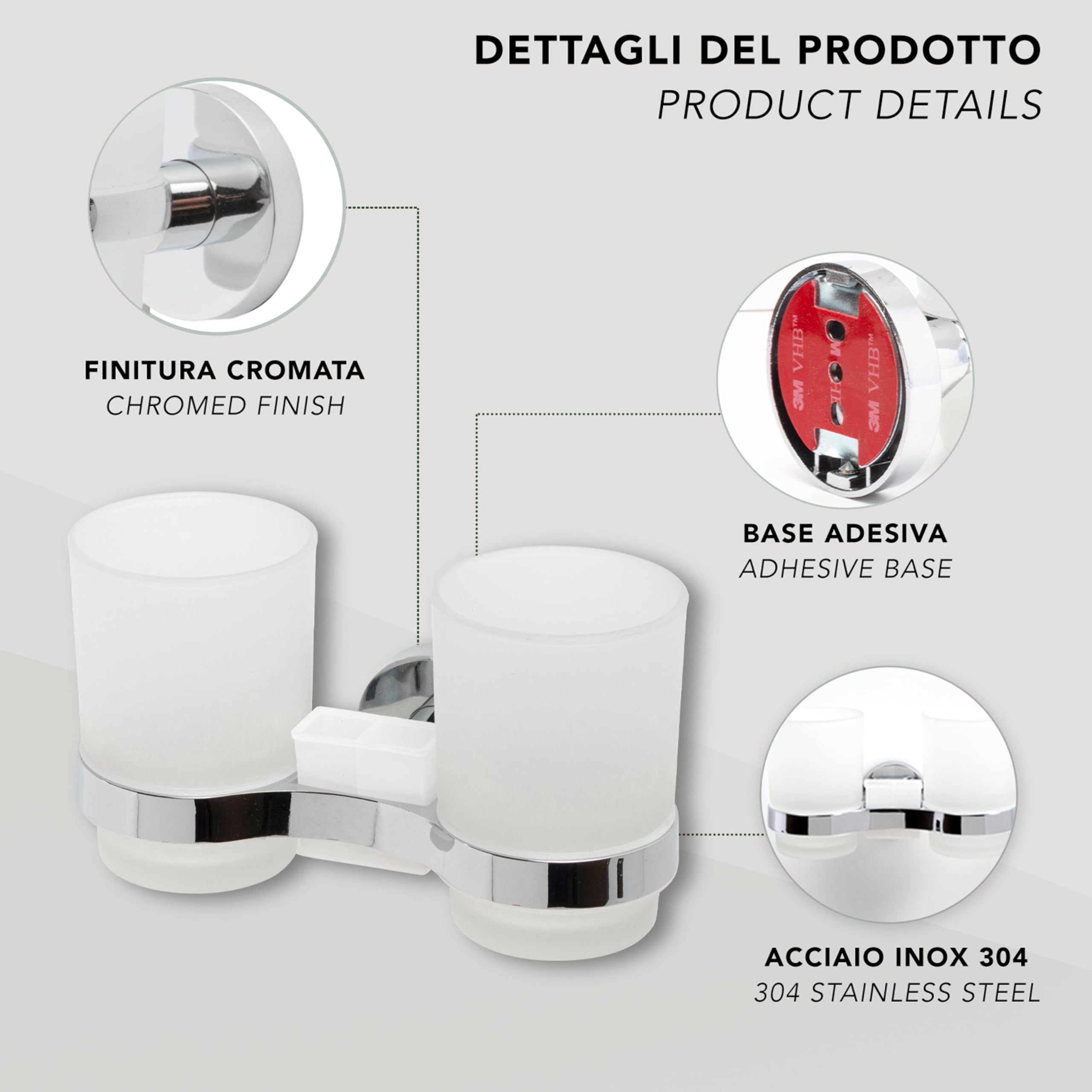 IPEA Samoprzylepny uchwyt na szczoteczkę do zębów z podwójną szklanką - bez wiercenia - nowoczesny design - stylowy uchwyt na szczoteczki do zębów i pastę do zębów na ścianę przyklejanie w łazience