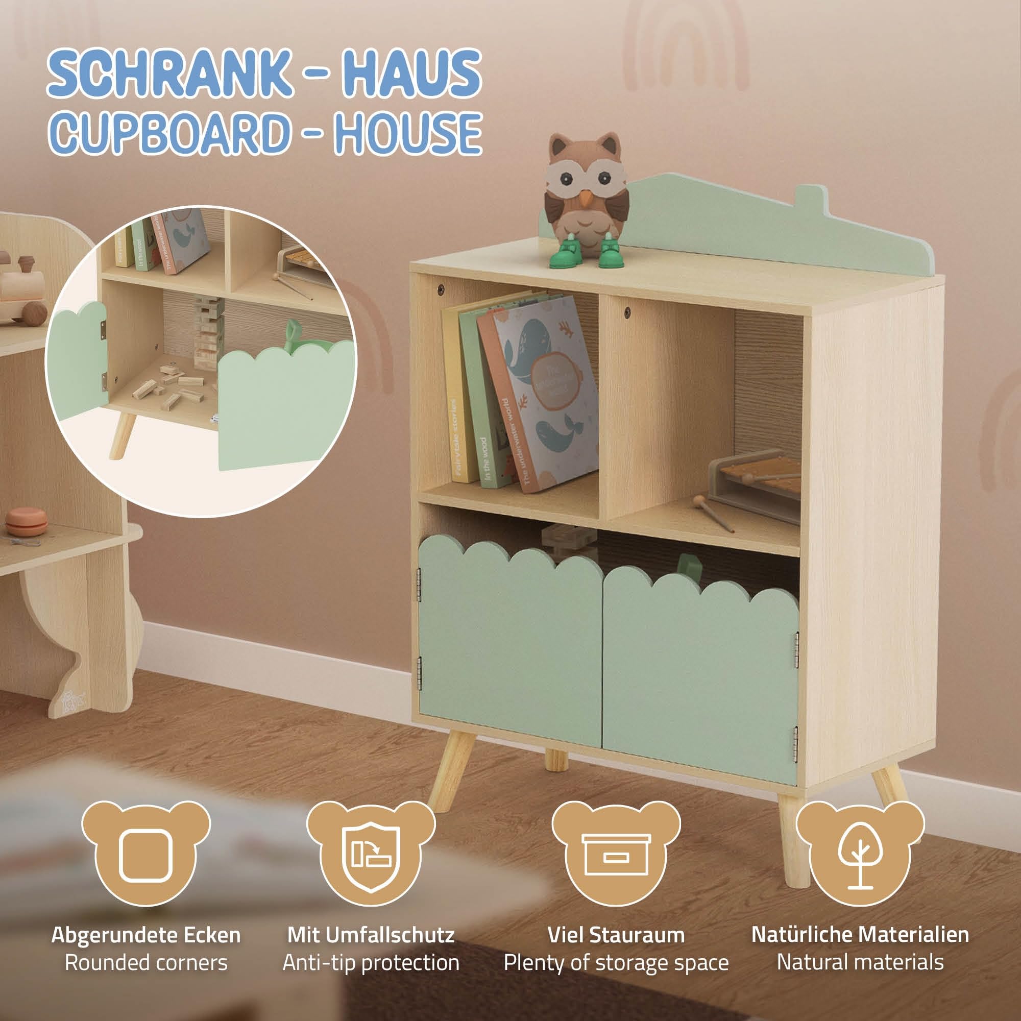 Joyz Etagère pour Enfants avec 3 Compartiments, 60x30x82 cm, Bibliothèque en Bois, Vert Naturel, Design Maison, Armoire à Jouets avec Espace de Rangement, Meubles sur Pied pour Chambre d'enfant