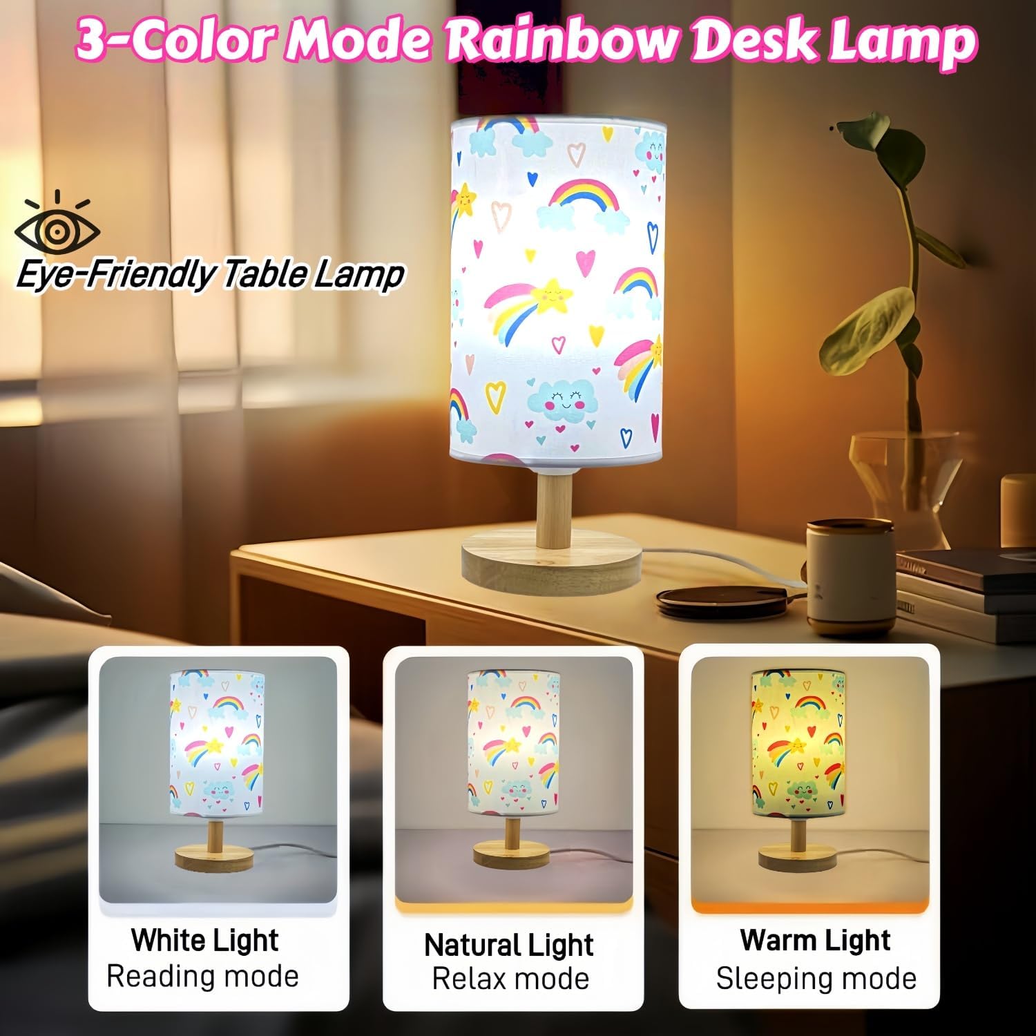 Rainbow Lamp for Girls Bedroom,Gifts for Girls-3 Color Modes Nightstand Night Light Lamp,Wood Base Flaxen Fabric Shade Desk Reading Lamp for Bedroom Living Room Office Christmas Gifts for Girl