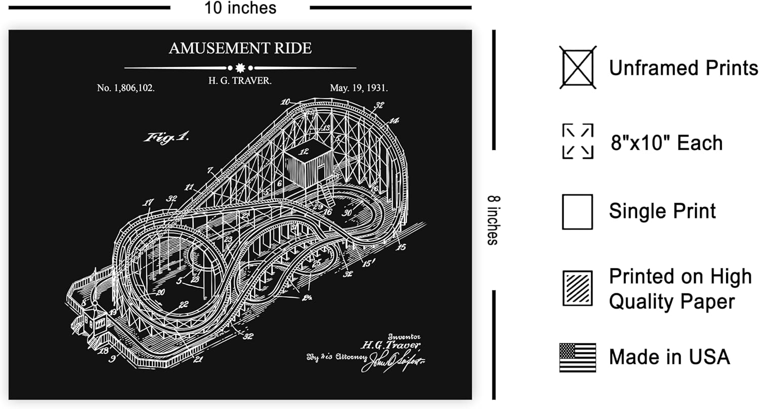 Poster Master Amusement Ride Blueprint Poster - Roller Coaster Patent Print - Theme Park Art - Roller Coaster & Thrill Ride Design - Carnival Artwork - Office or Kids Room Decor - 8x10 UNFRAMED