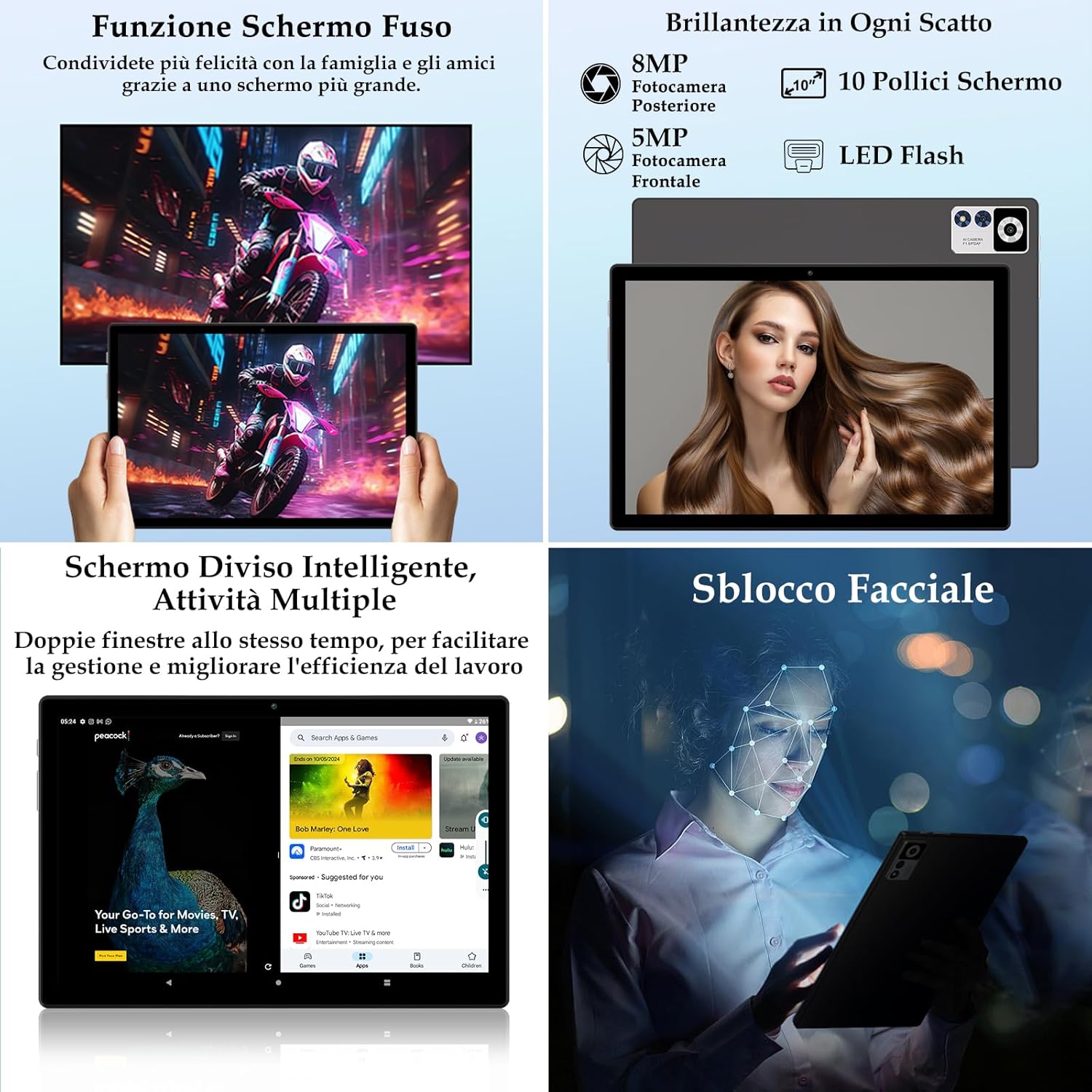 Tablet 10 Inch Android 15, 30GB RAM+128GB ROM (TF 2TB), 5G WiFi Tablets,Gemini AI/Widevine L1/8000 MAh/Octa-Core 2.0 GHz/Bluetooth 5.0/GPS/Face ID/8+5MP/2 -in-1 Tablet With Keyboard And Mouse - Black