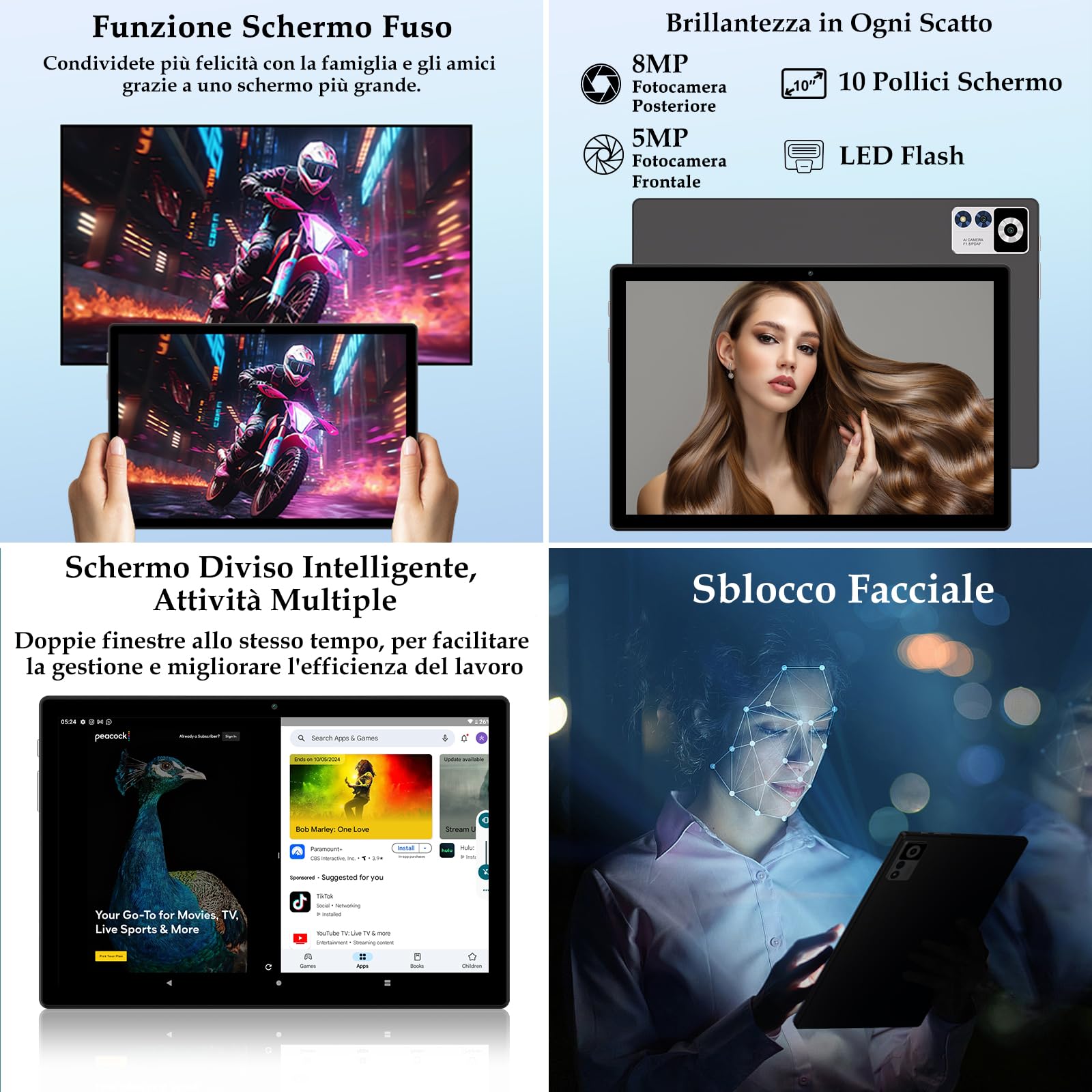 ZIOVO Tablet Android 14 Tablets 10 Pollici, 22GB RAM+128GB ROM (TF 1TB), 5G WiFi Tablets, Supporto Widevine L1/Octa-Core/8000mAh/Corpo Metallico/8+5MP, 2 in 1 Tablet con Tastiera e Mouse- Nero