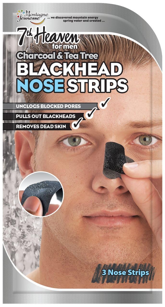 7th Heaven Men's Charcoal and Tea Tree Nose Strips for Blackheads, 3 Count