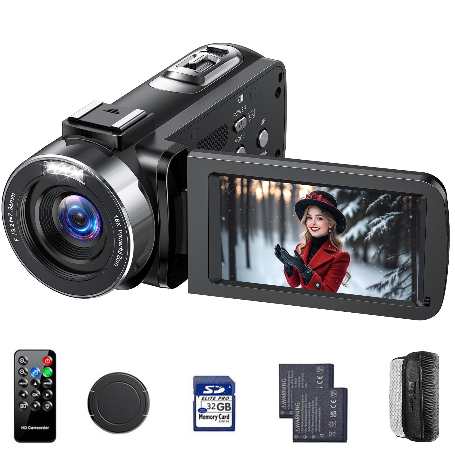 Caméscope Vidéo 4K 42MP, Zoom Numérique 18x Pour Vlogging YouTube, écran De 3" Rotatif à 270°, Cordon De Voyage Compact Avec 2 Batteries, Carte SD 32 Go, Télécommande