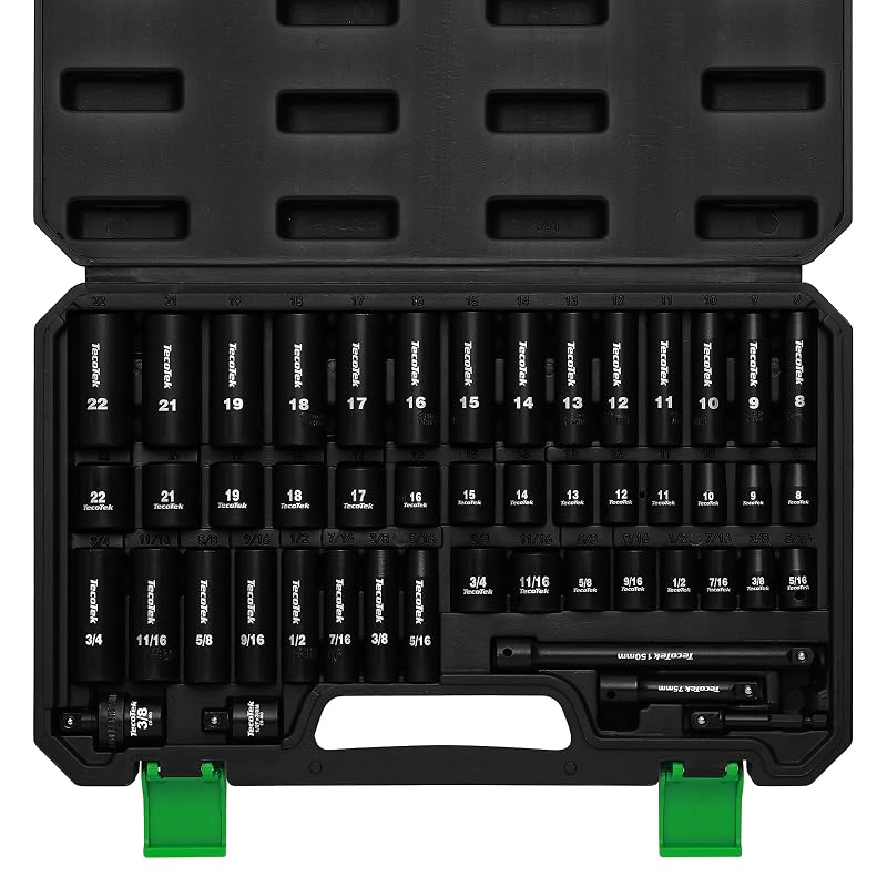 Jogo de Soquetes de Impacto TecoTek com Encaixe de 9,5 mm (3/8"), SAE e Métrico, Aço Cromo-Vanádio, TC001, 49 peças