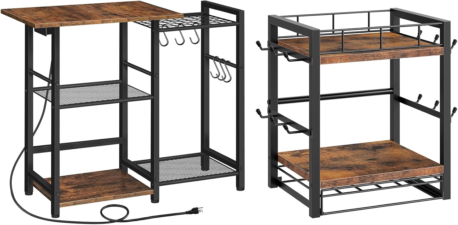 HOOBRO Bakers Rack and Coffee Mug Cup Holder Bundle, Coffee Bar Table with 6 S Hooks, 12 Hooks Mug Stand Rack with Sliding Drawer for 30 K-Cup Pods, BF15UHB01G1-BF11TL01