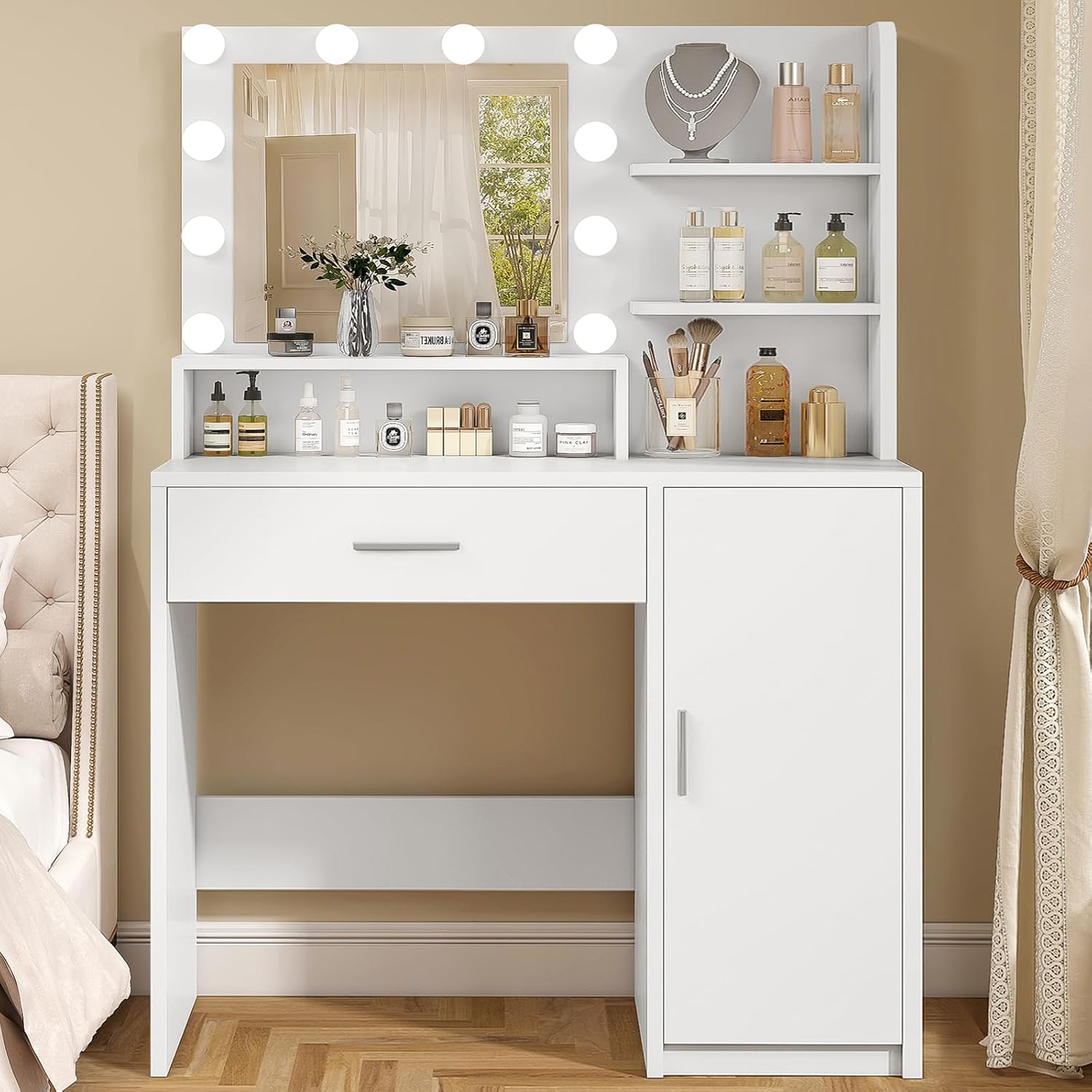 Vanity Desk with 10 Lights & Mirror, 3 Storage Shelf, Big Drawer, Cabinet with Shelves, 3 Lighting Modes & Adjustable Brightness Dressing Table, Small Makeup Vanity, 35.4” Desk,Black