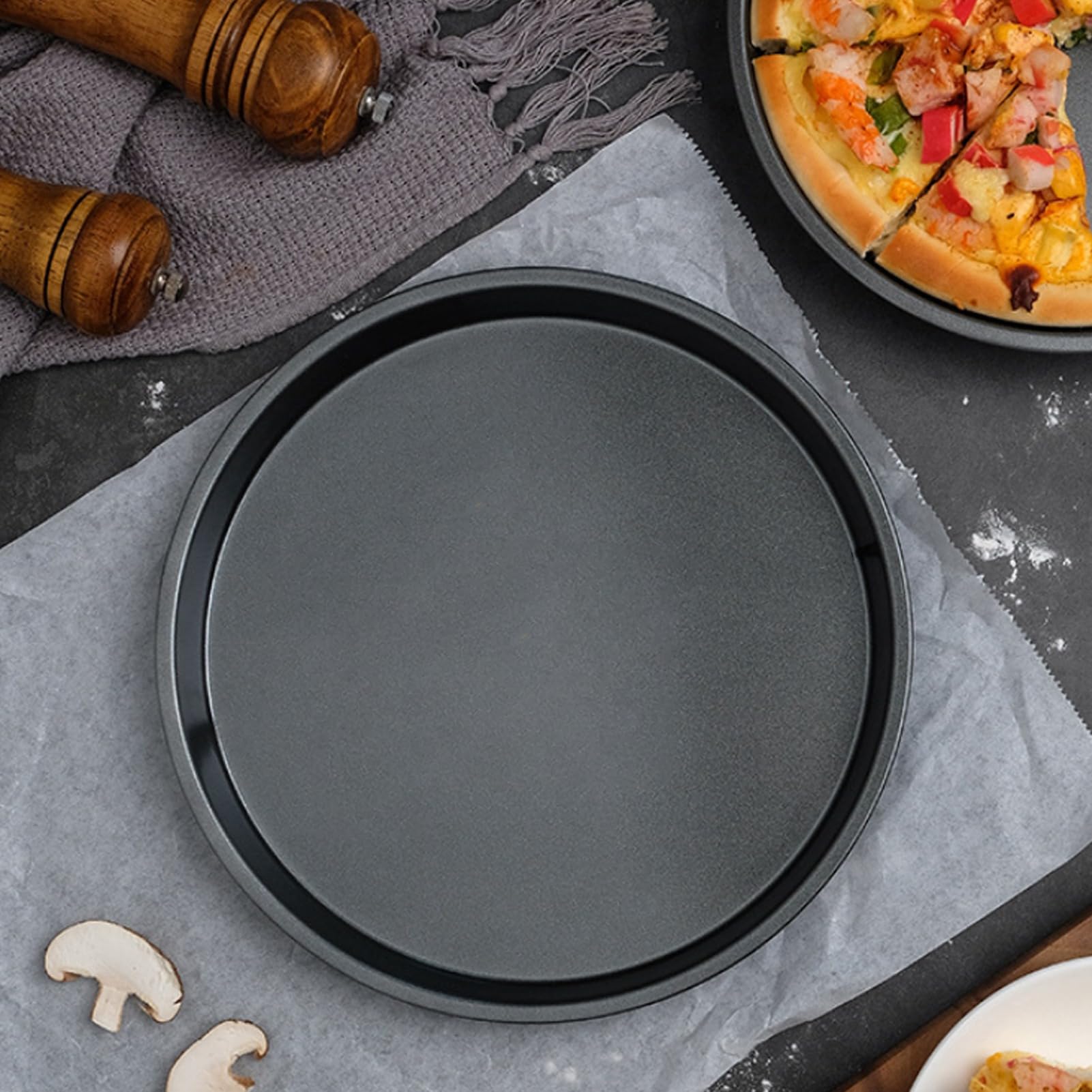 MOUMOUTEN 2 Pcs Pizza Pan, Carbon Steel Non Stick Deep Thickened Baking Pan Even Heating, Pizza Tray Bakery Supplies for Kitchen Cooking Bakery (Black)(12 inches)